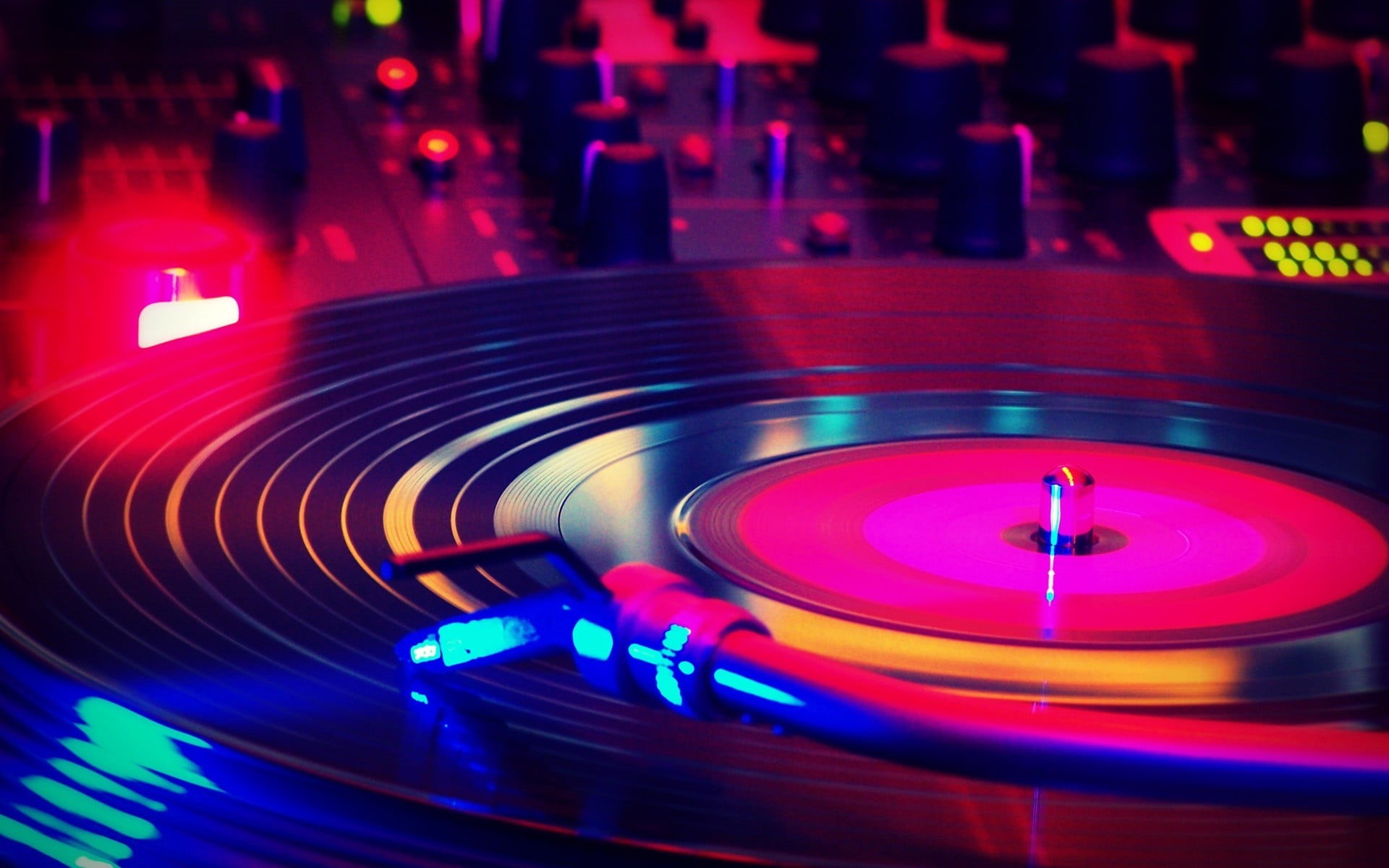no people, sound recording equipment, vinyl, multi colored, illuminated, mixing, close-up, 1080P, turntable, motion, audio equipment, technology, nightlife, HD Wallpaper