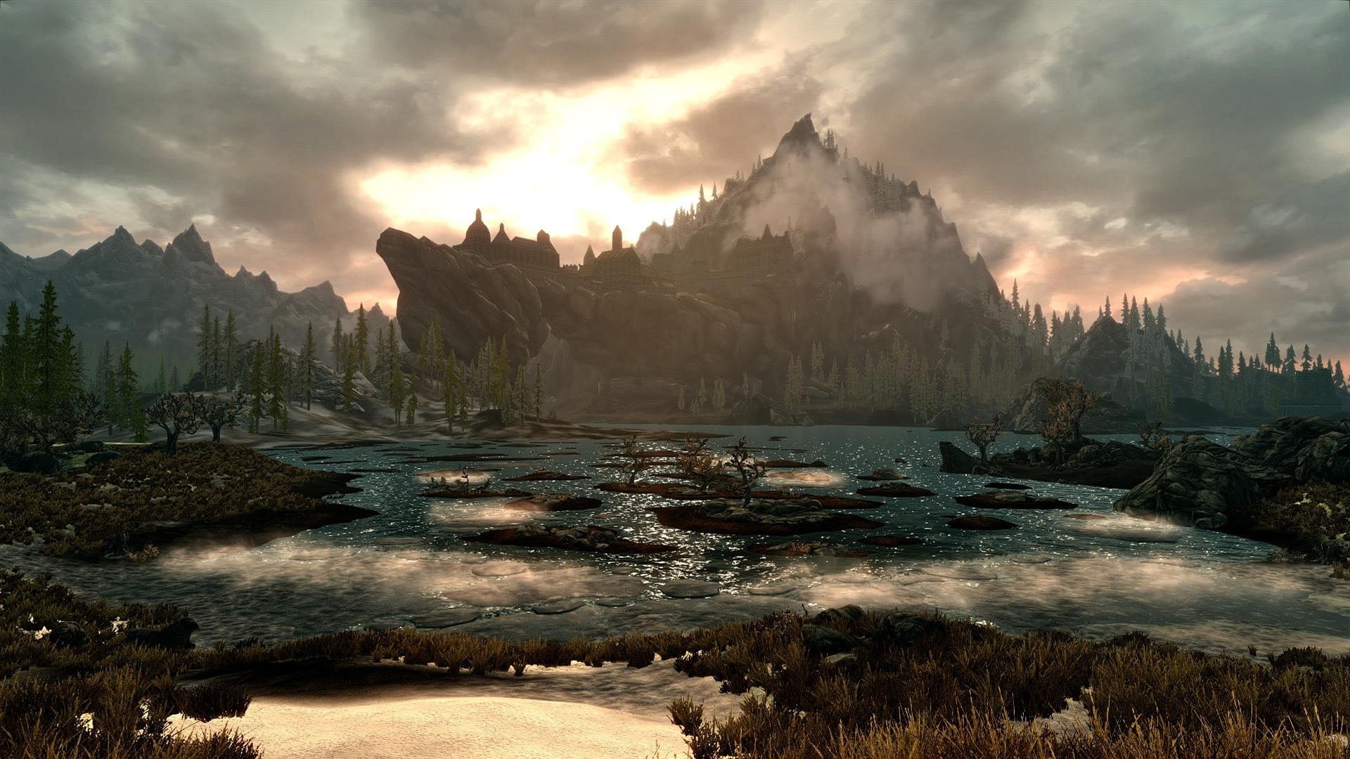 travel, fog, video games, The Elder Scrolls V: Skyrim, lake, scenics - nature, mountain Peak, national Landmark, dolomites, blue, sunset, vacations, panoramic, HD Wallpaper