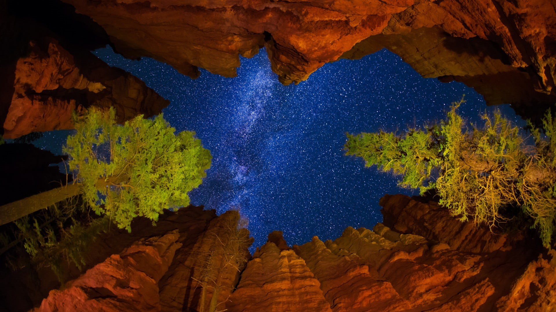 mountains, beauty in nature, 1080P, trees, rock - object, scenics - nature, solid, idyllic, stars, non-urban scene, eroded, leafed, USA, national park, HD Wallpaper