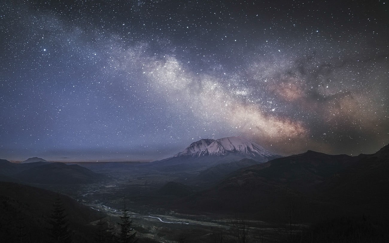 space, mountain peak, snowy peak, long exposure, night, starry, tranquility, environment, star - space, star field, beauty in nature, non-urban scene, outdoors, HD Wallpaper