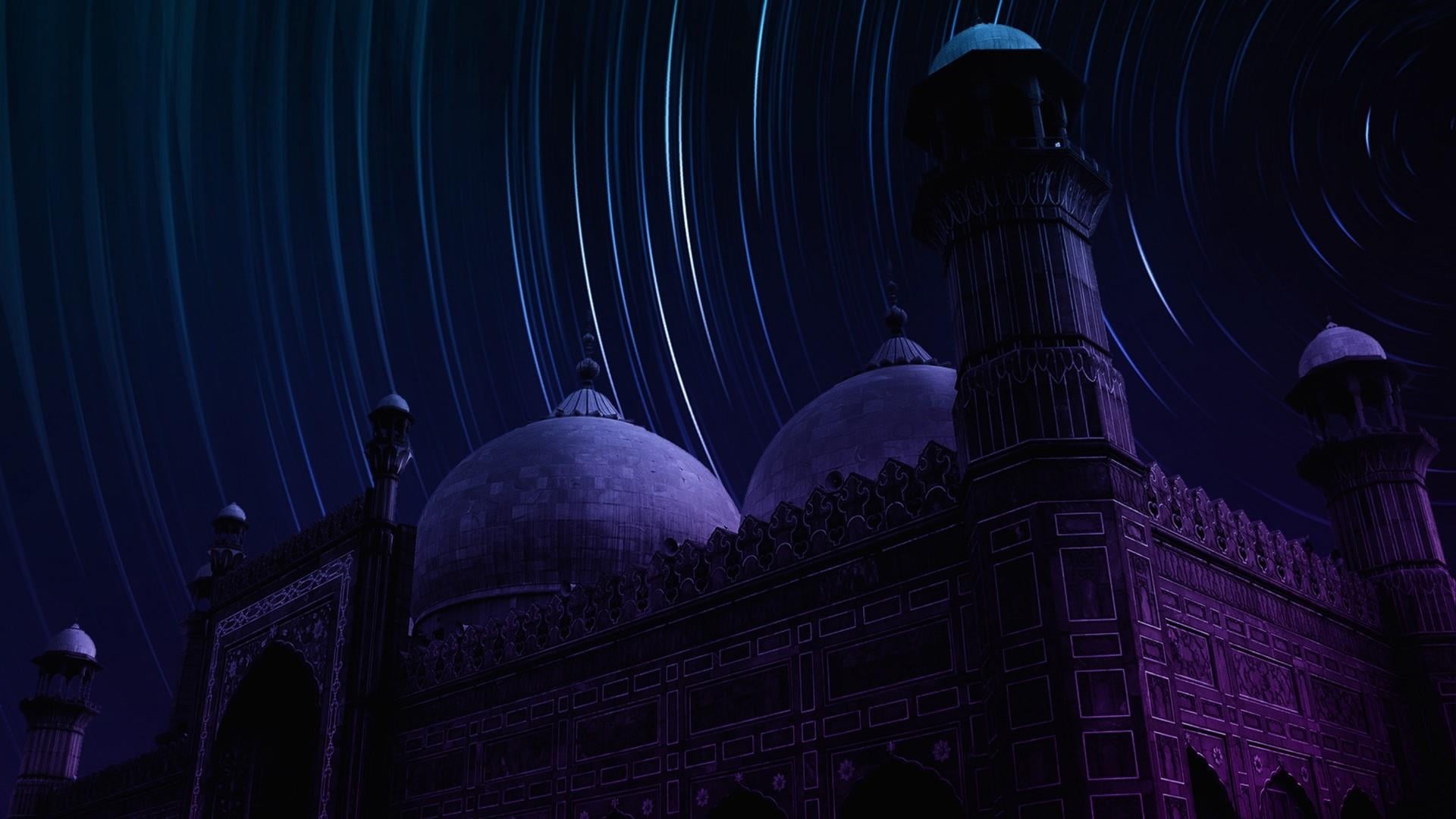 dome, low angle view, night, no people, place of worship, built structure, star trails, architectural column, religion, belief, lahore, the past, light trails, HD Wallpaper
