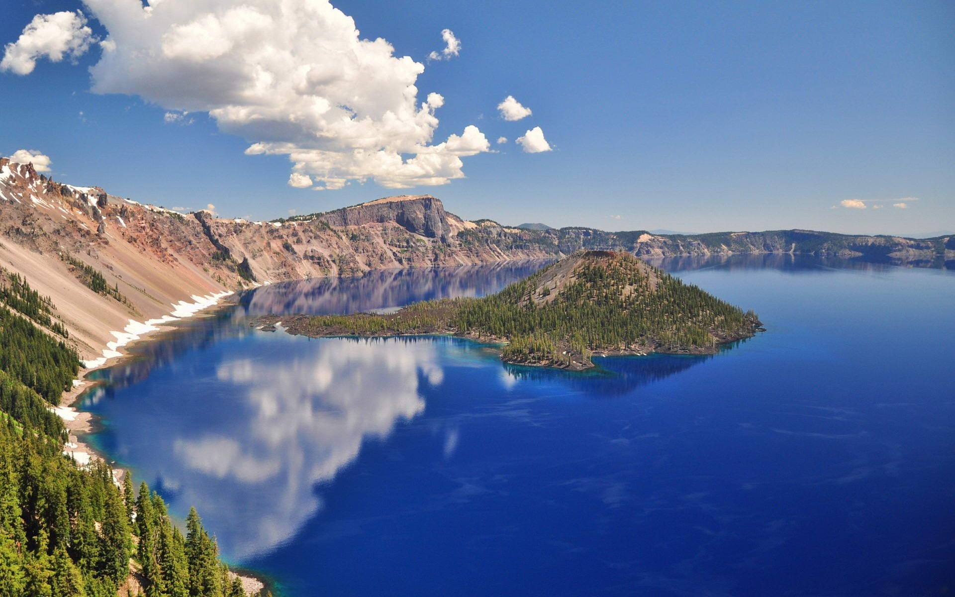 sky, Oregon, eroded, travel destinations, blue, non-urban scene, crater lake, day, idyllic, tranquility, reflection, cloud - sky, tranquil scene, nature, HD Wallpaper