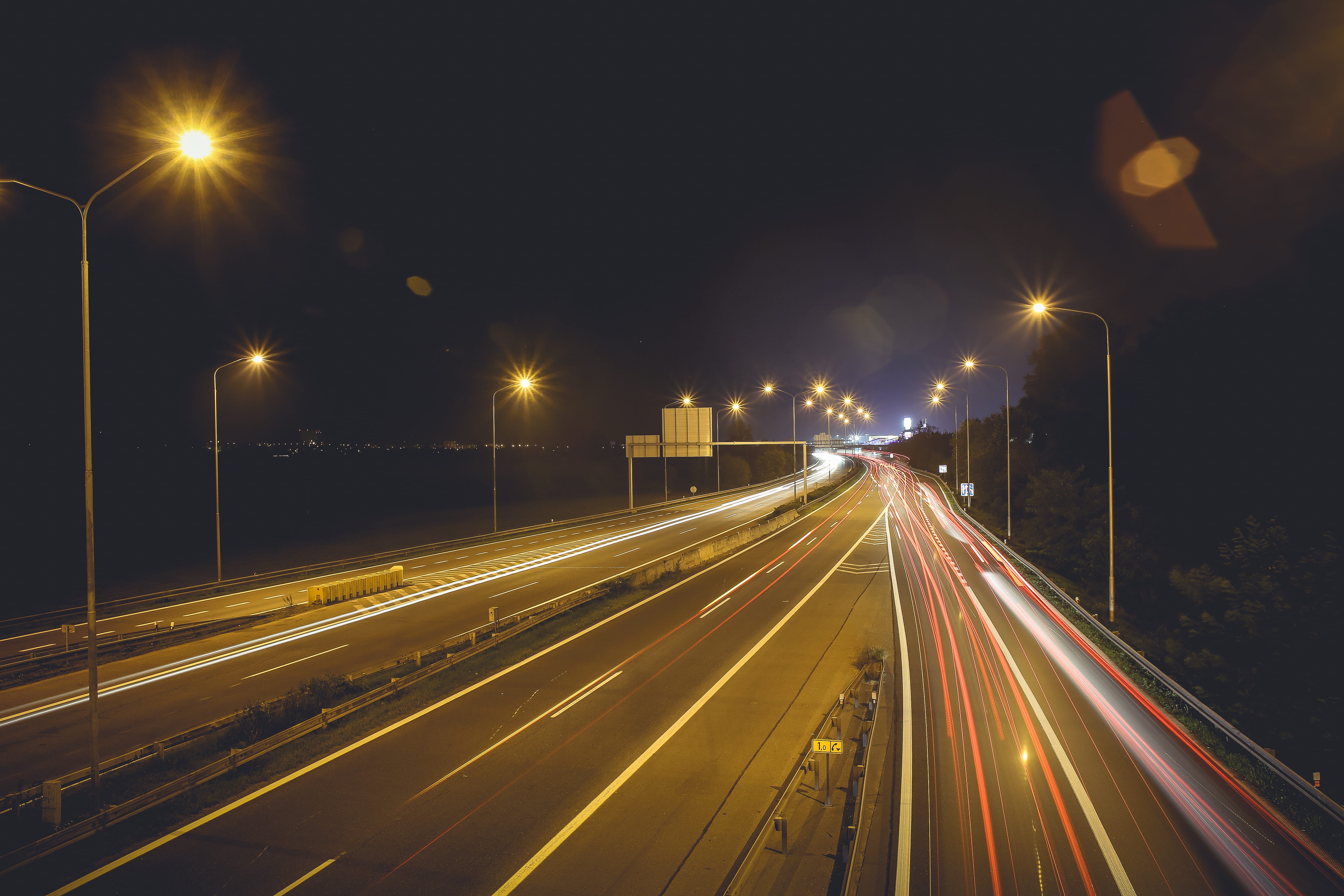 illuminated, travel, multiple Lane Highway, street Light, outdoors, light - Natural Phenomenon, no people, city life, on The Road, glowing, dark, speed, HD Wallpaper