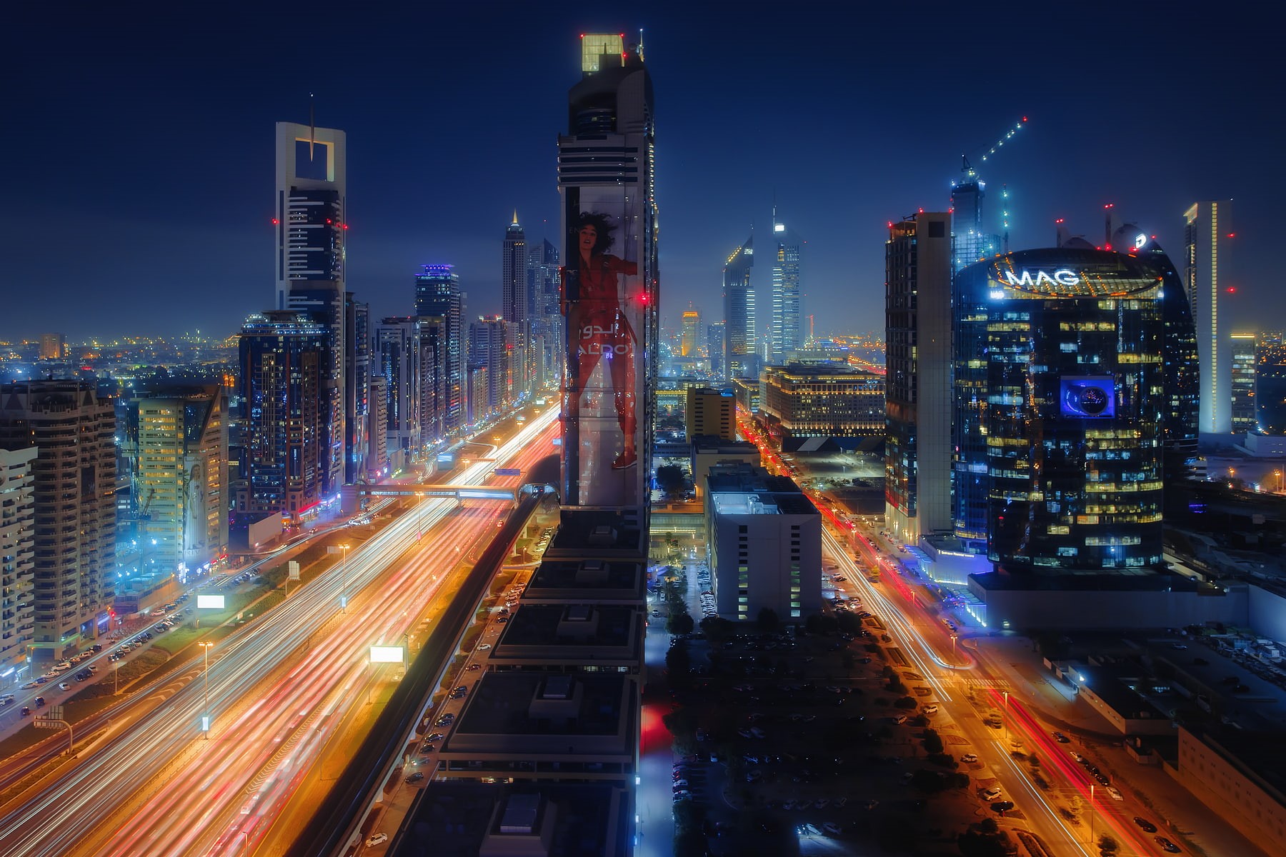 urban, night, cityscape, traffic, long exposure, lights, 720P, street, Dubai, light trails, sky, city, stars, HD Wallpaper