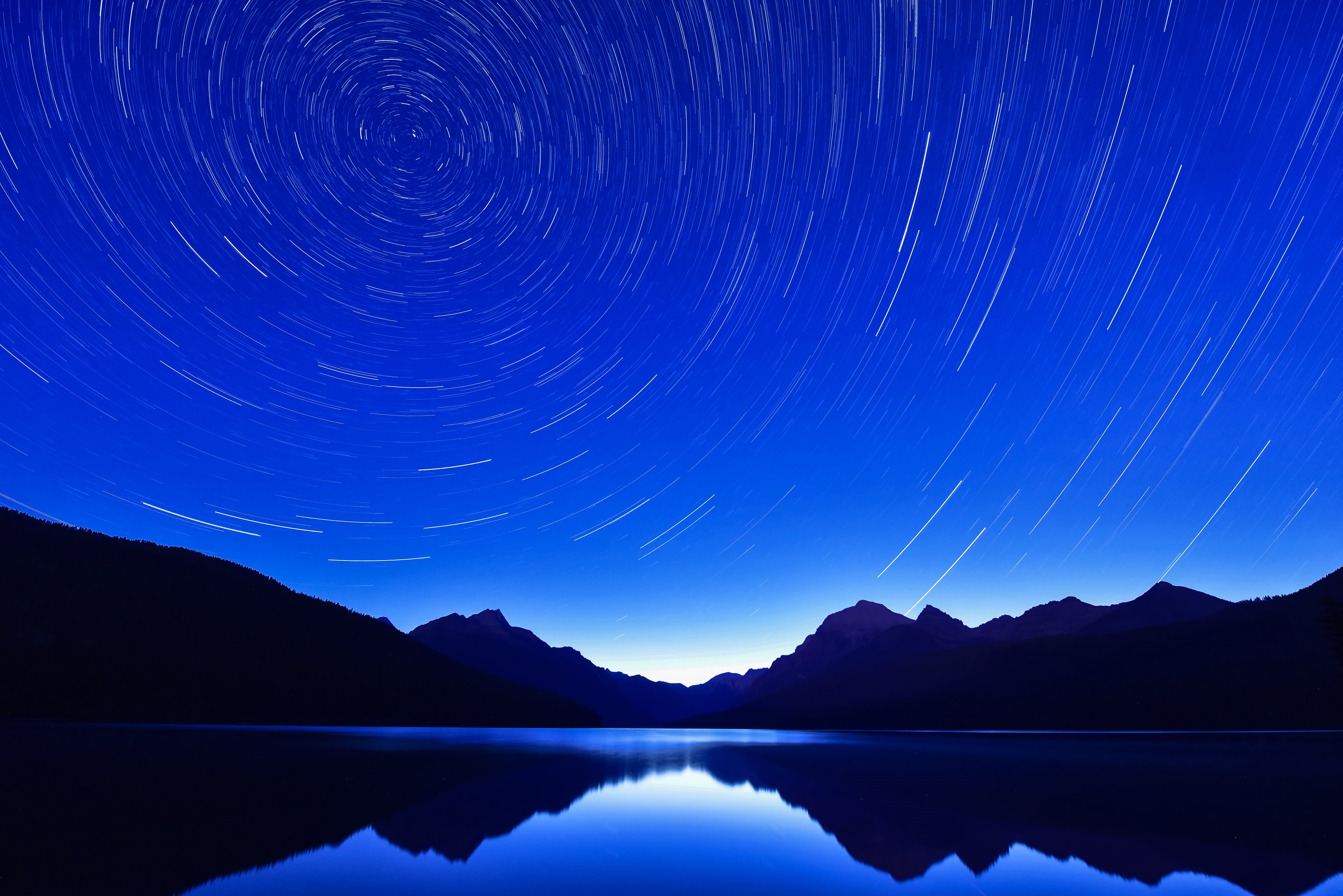 Star Trails, landscape, Montana, lake, wind, star - Space, bowman, illustration, 5K, night time, nature, stars, night sky, reflections, night, mountain, HD Wallpaper