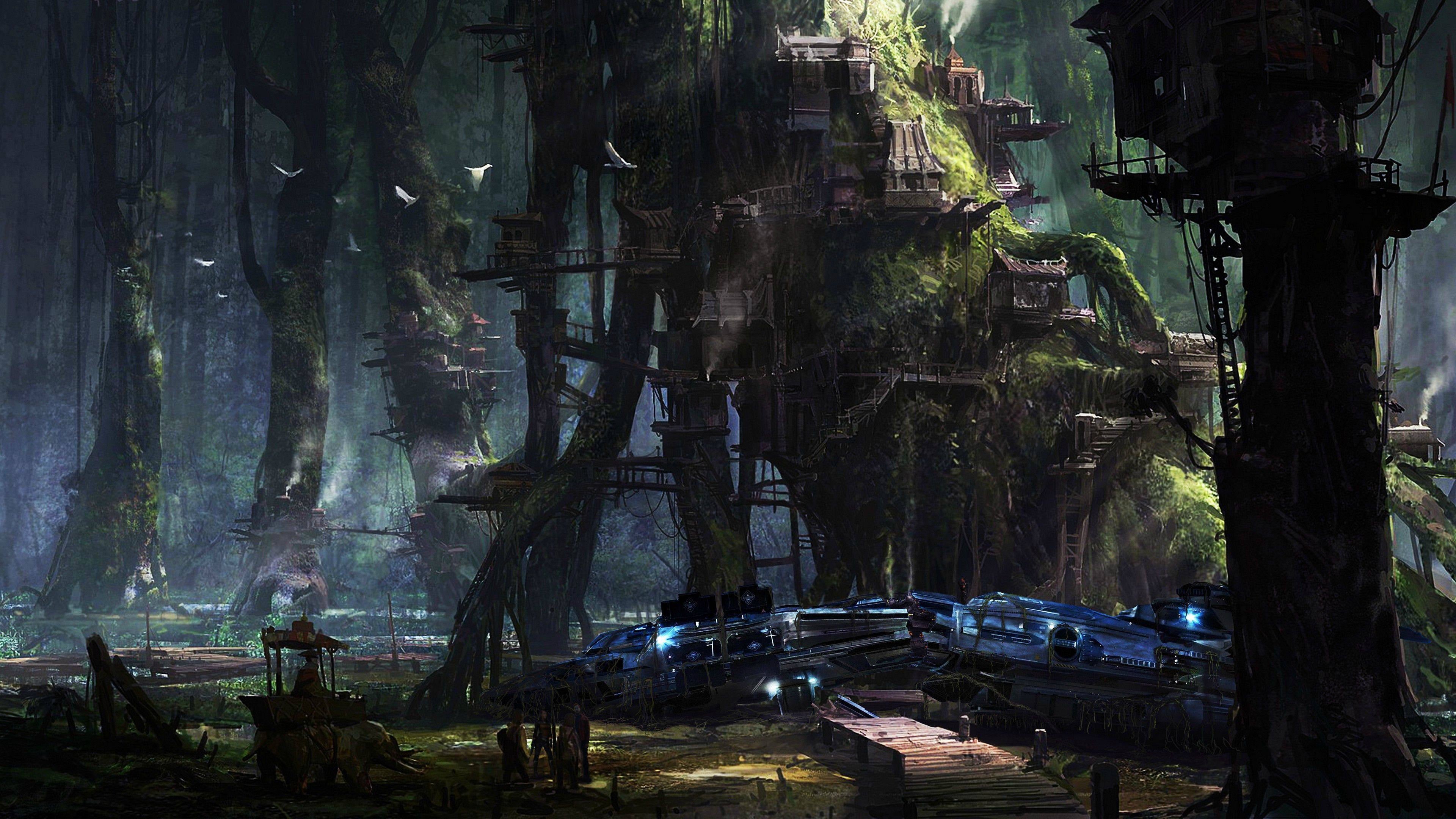 treehouse, futuristic, green, day, leaves, tree trunk, old, fantasy art, nature, growth, no people, tree, ruined, Star Citizen, land, building, HD Wallpaper