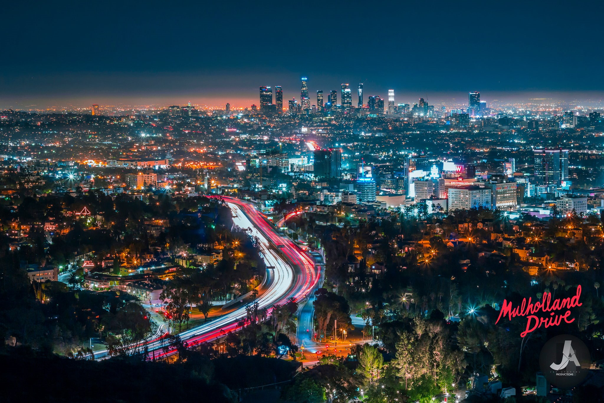 skyline, cityscape, city lights, 1080P, Los Angeles, light trails, photography, HD Wallpaper