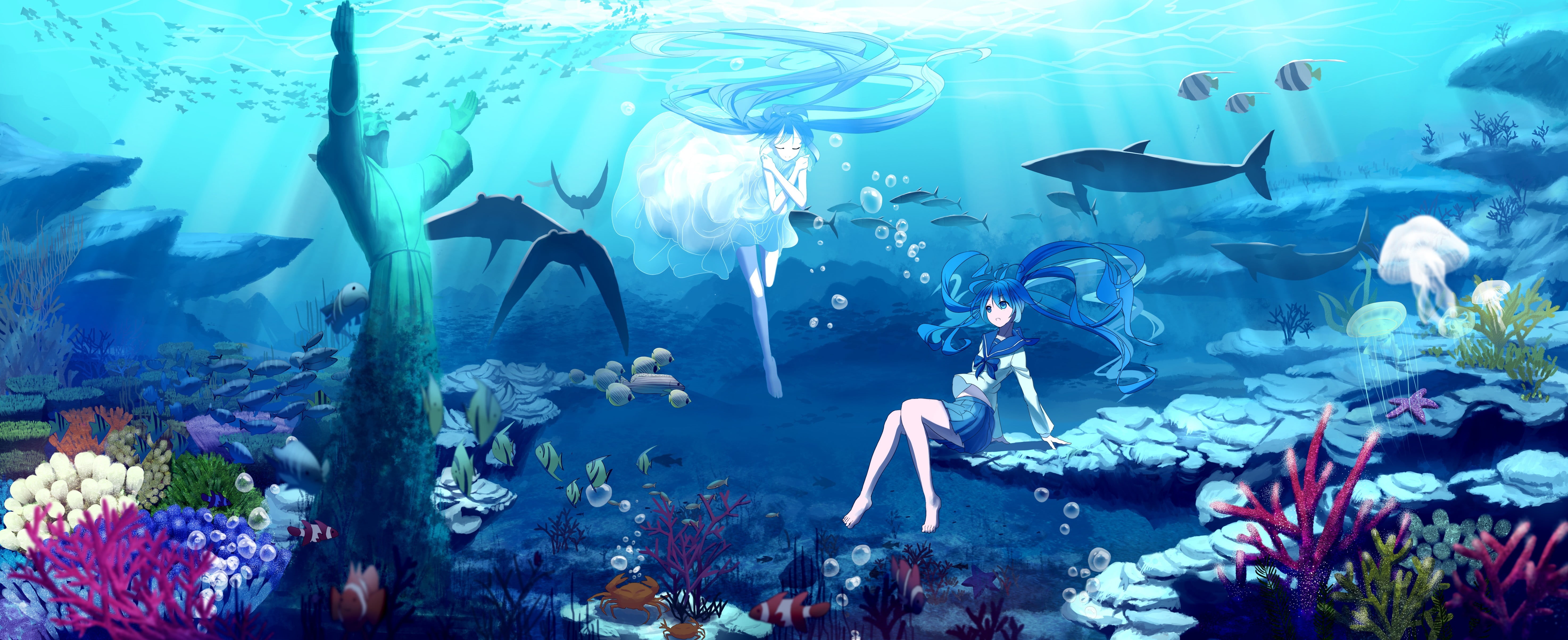 sea, marine, tank, outdoors, underwater, 5K, animal themes, no people, anime girls, Vocaloid, Hatsune Miku, aquarium, vertebrate, white dress, anime, animals in the wild, HD Wallpaper