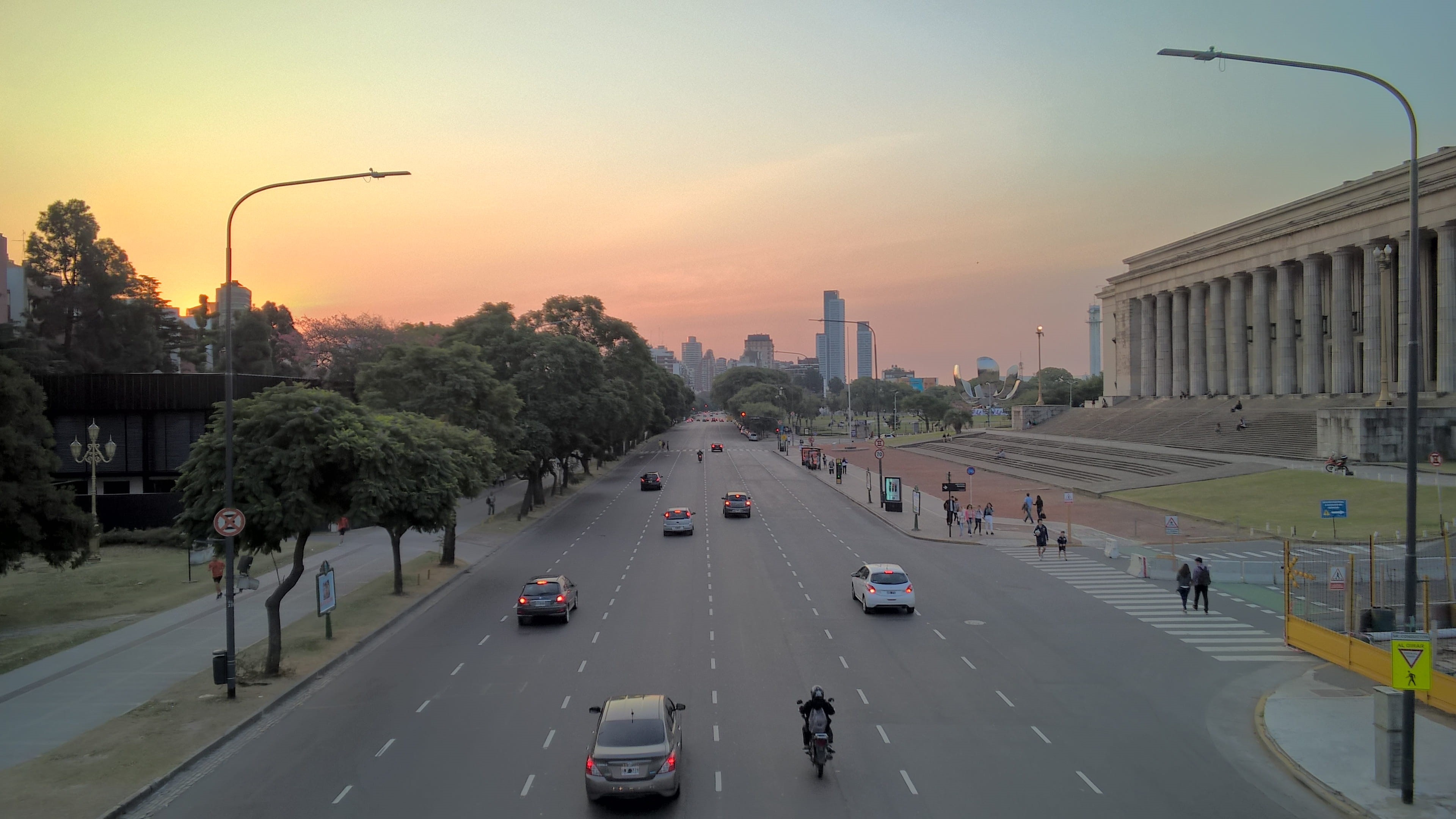 avenue, city, architecture, skyline, transportation, facultad de derecho, building exterior, mode of transportation, car, sign, nature, sunset, diminishing perspective, HD Wallpaper