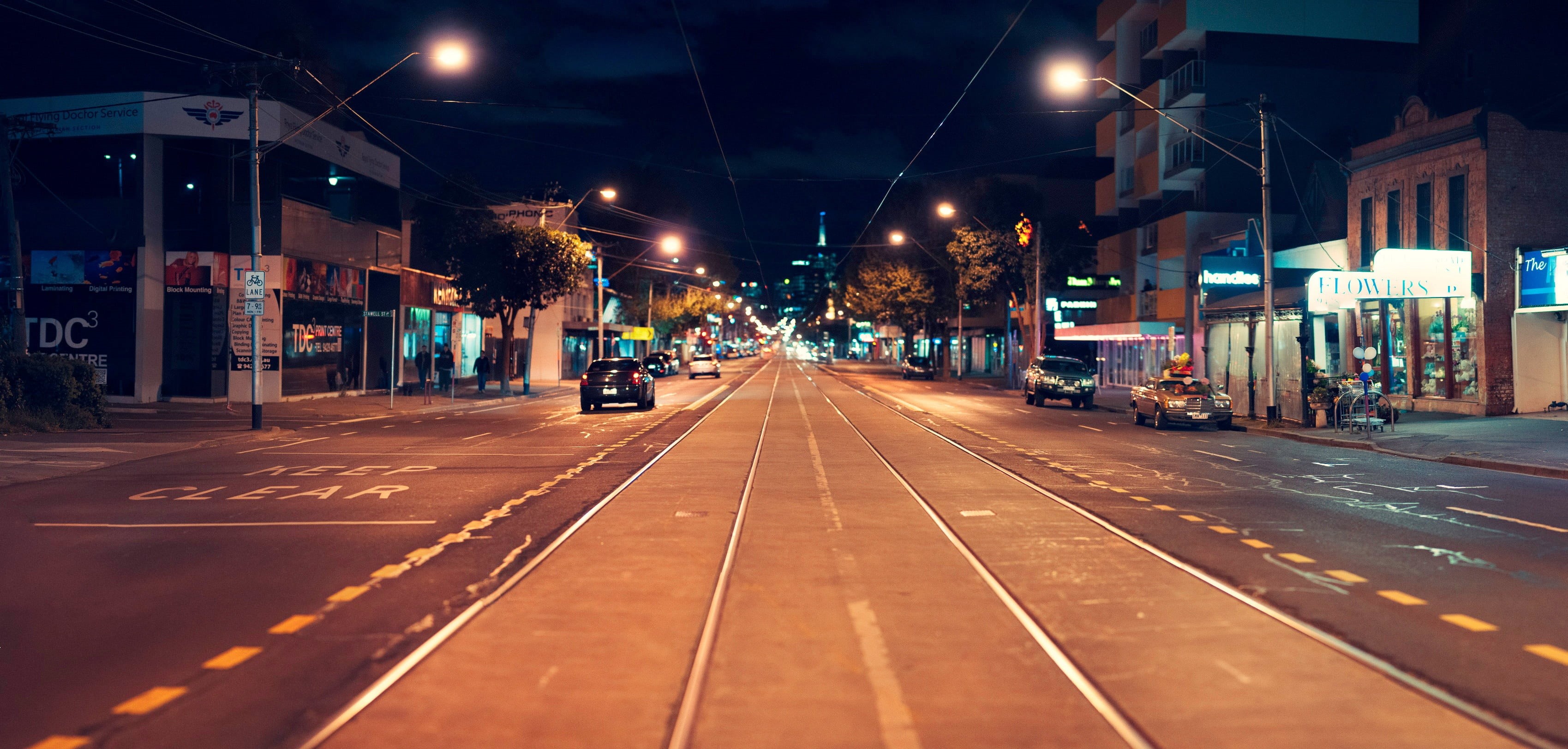 2K, black, town, melbourne, illuminated, city street, the way forward, street light, mode of transportation, built structure, tram, background, car, richmond, HD Wallpaper