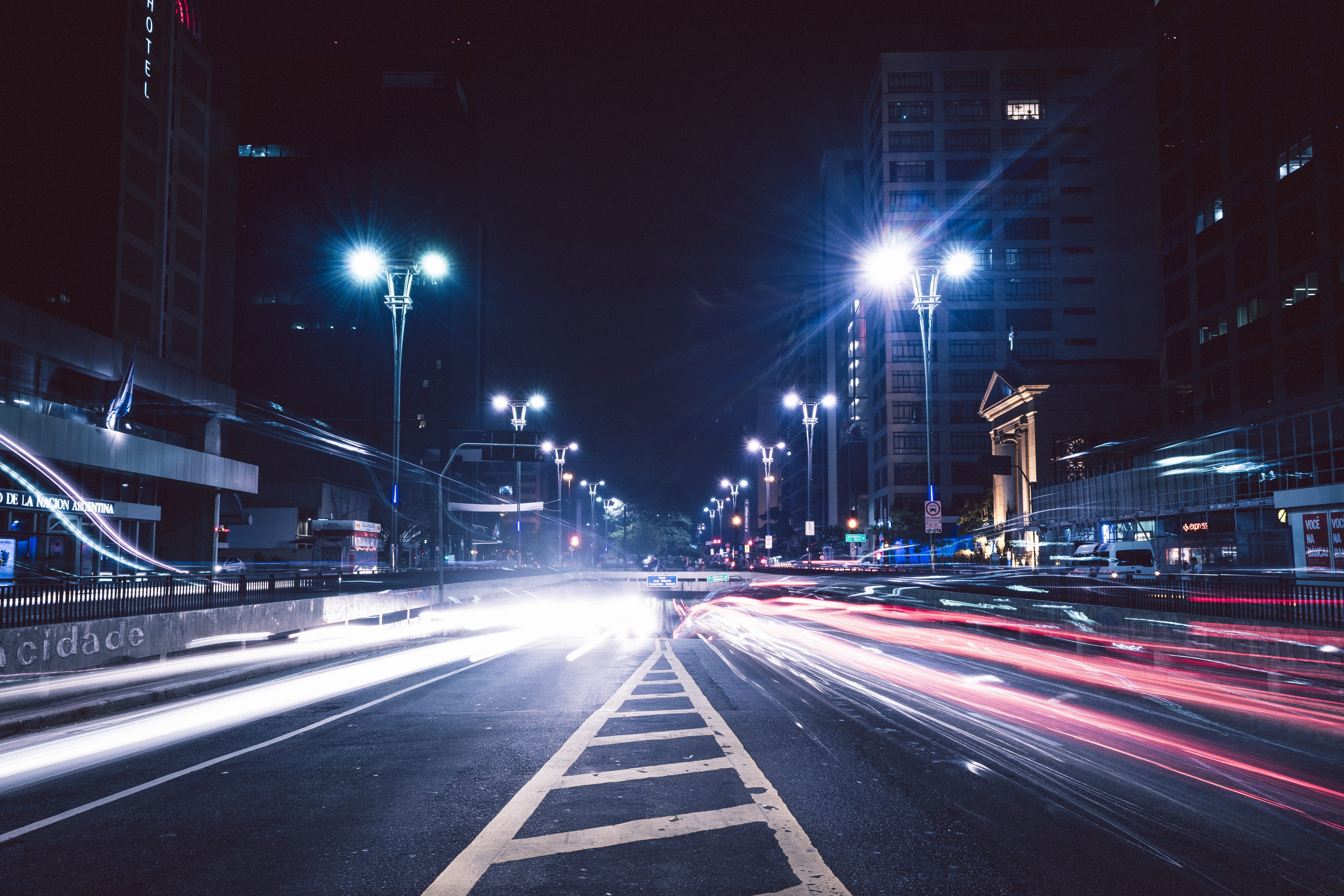 street, architecture, 5K, buildings, transportation, urban, built structure, car, light trail, illuminated, gray, traffic, blur, speed, office building exterior, HD Wallpaper