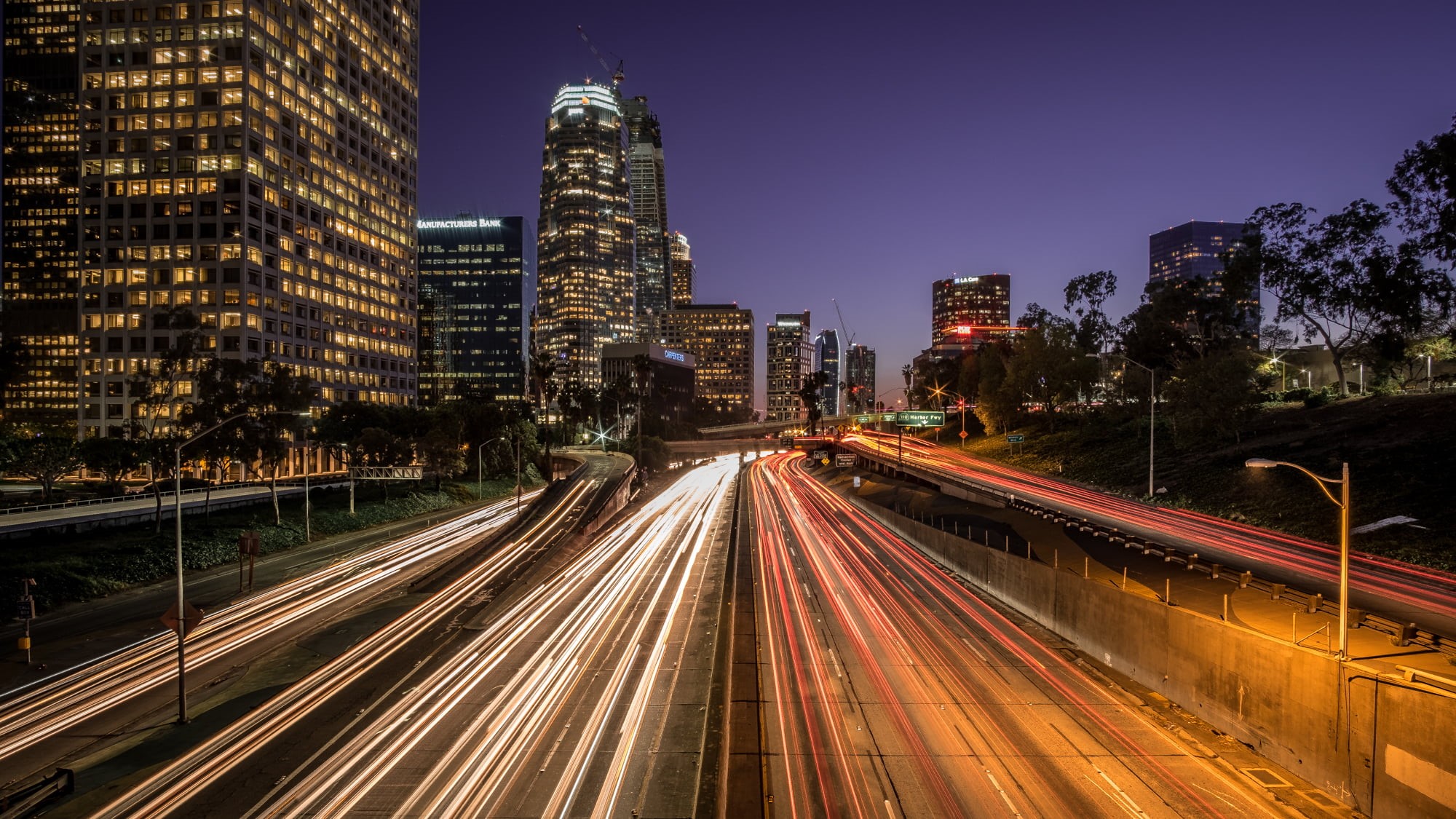 California, architecture, illuminated, angeles, built Structure, highway, modern, night, view, Los Angeles, rokinon, city Life, road, urban Skyline, dusk, HD Wallpaper