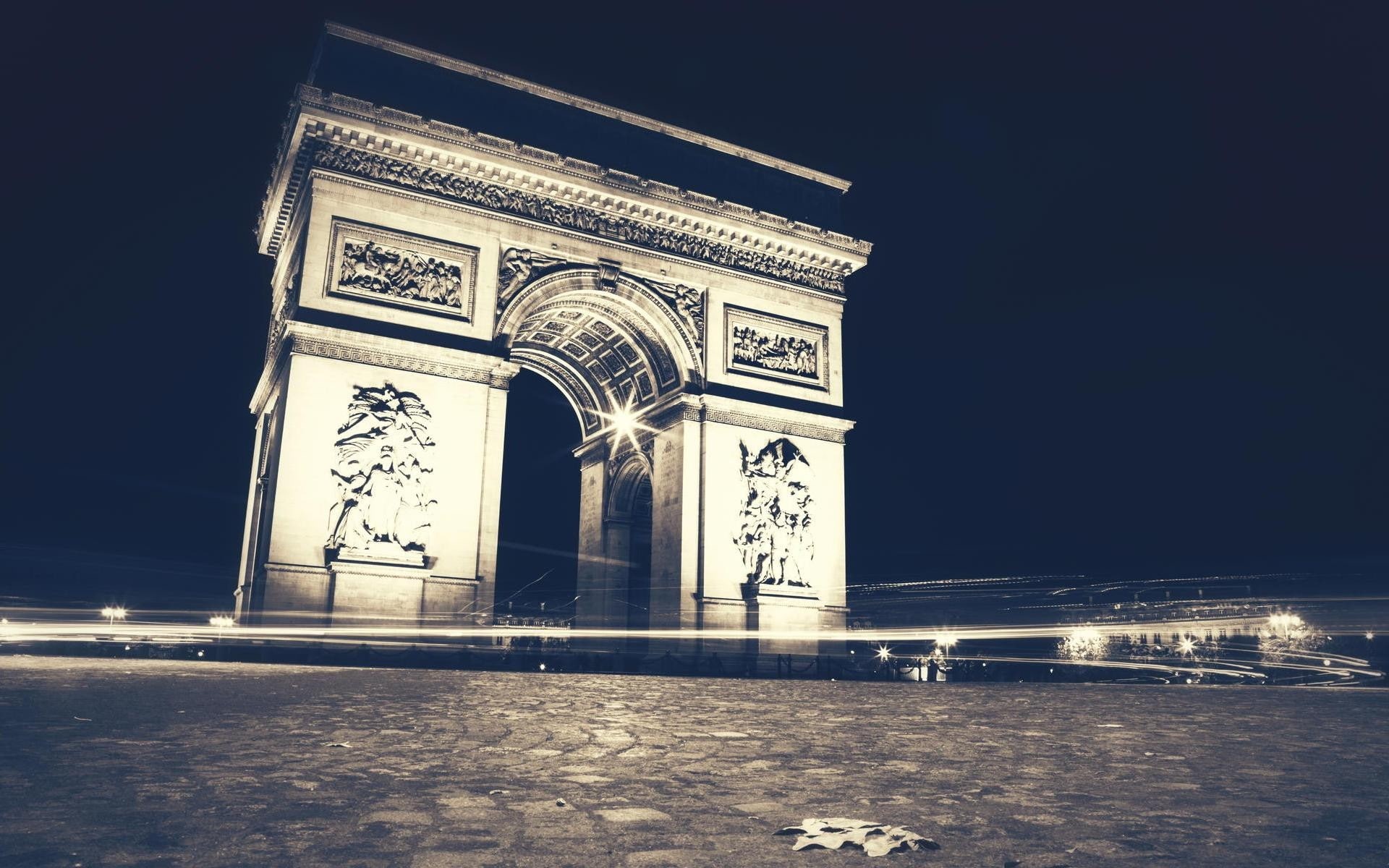 history, art and craft, Arc de Triomphe, travel destinations, photography, arch, night, outdoors, urban, tourism, Paris, no people, travel, built structure, HD Wallpaper