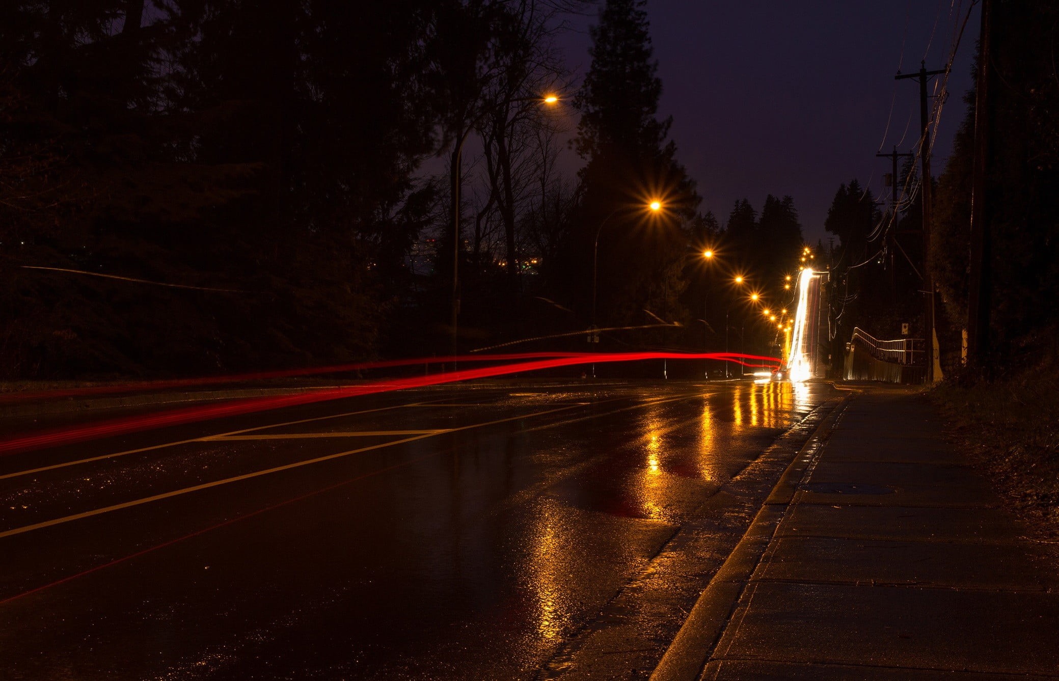 1080P, no people, car, headlight, red, long exposure, photography, transportation, road, nature, urban, blurred motion, city, direction, night, tree, diminishing perspective, HD Wallpaper