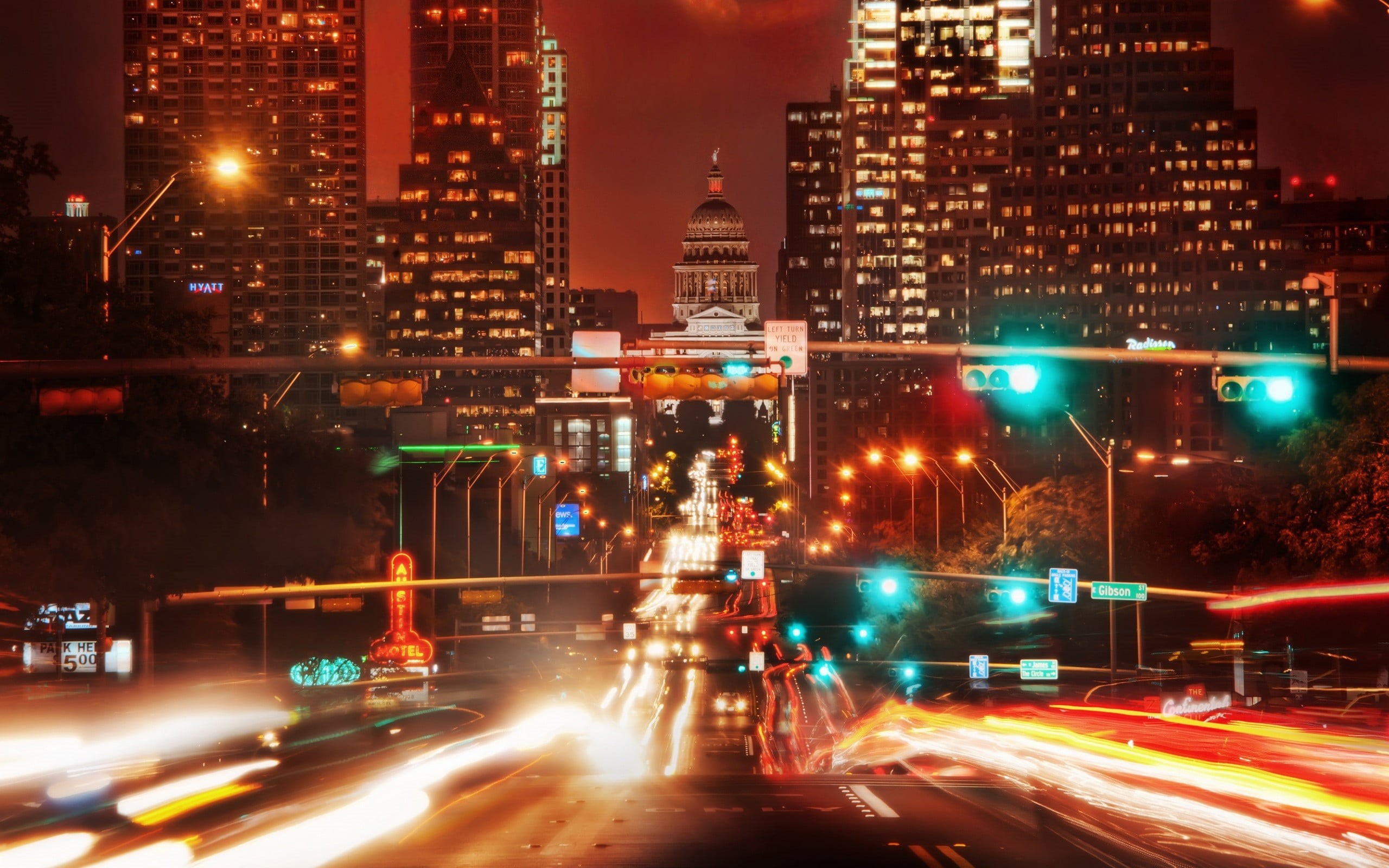 Austin (Texas), city street, office building exterior, time, traffic, night, urban, building exterior, car, transportation, light trail, street, no people, HD Wallpaper