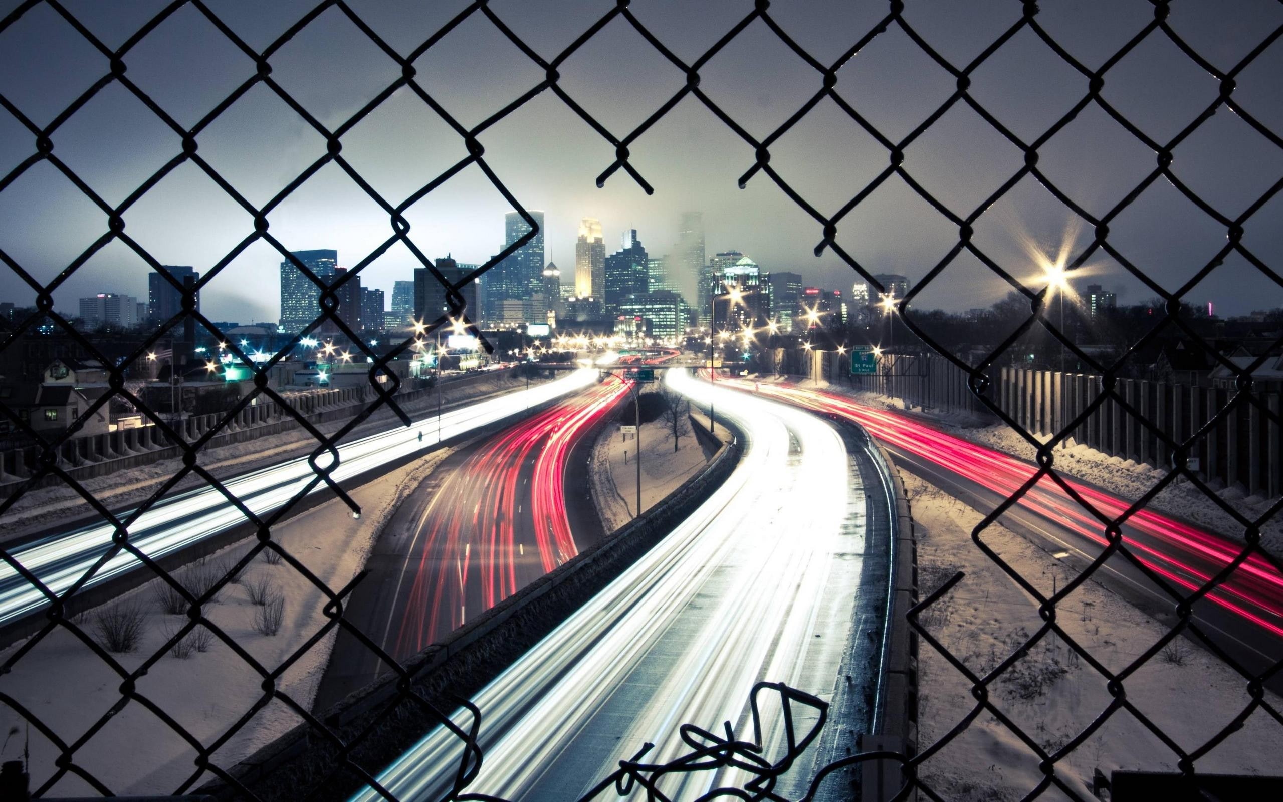 urban, night, city, highway, cityscape, long exposure, street, lights, street light, 2K, chain-link, photography, HD Wallpaper