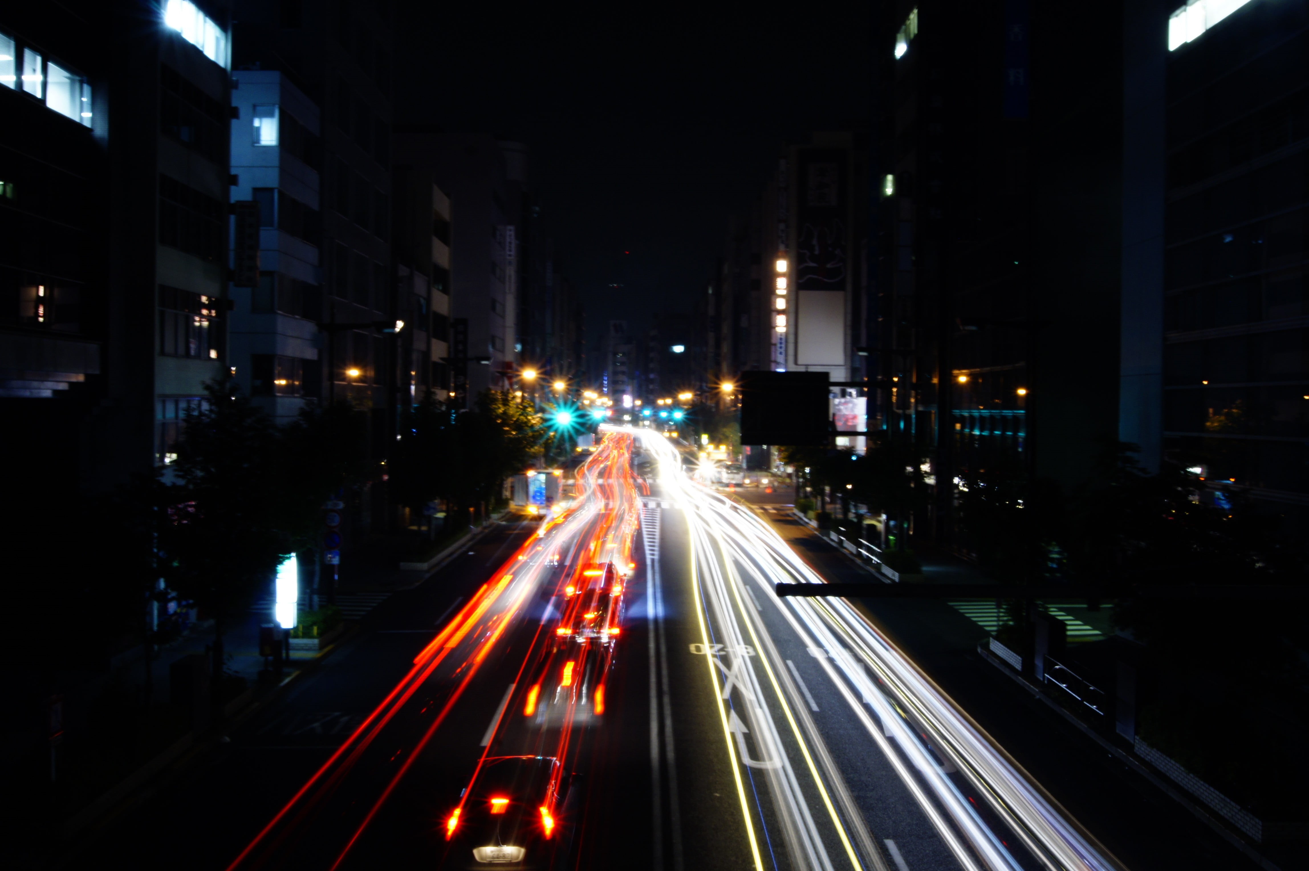 blurred motion, night, lights, light trails, road, city, multiple lane highway, city life, no people, long exposure, street, architecture, light trail, HD Wallpaper
