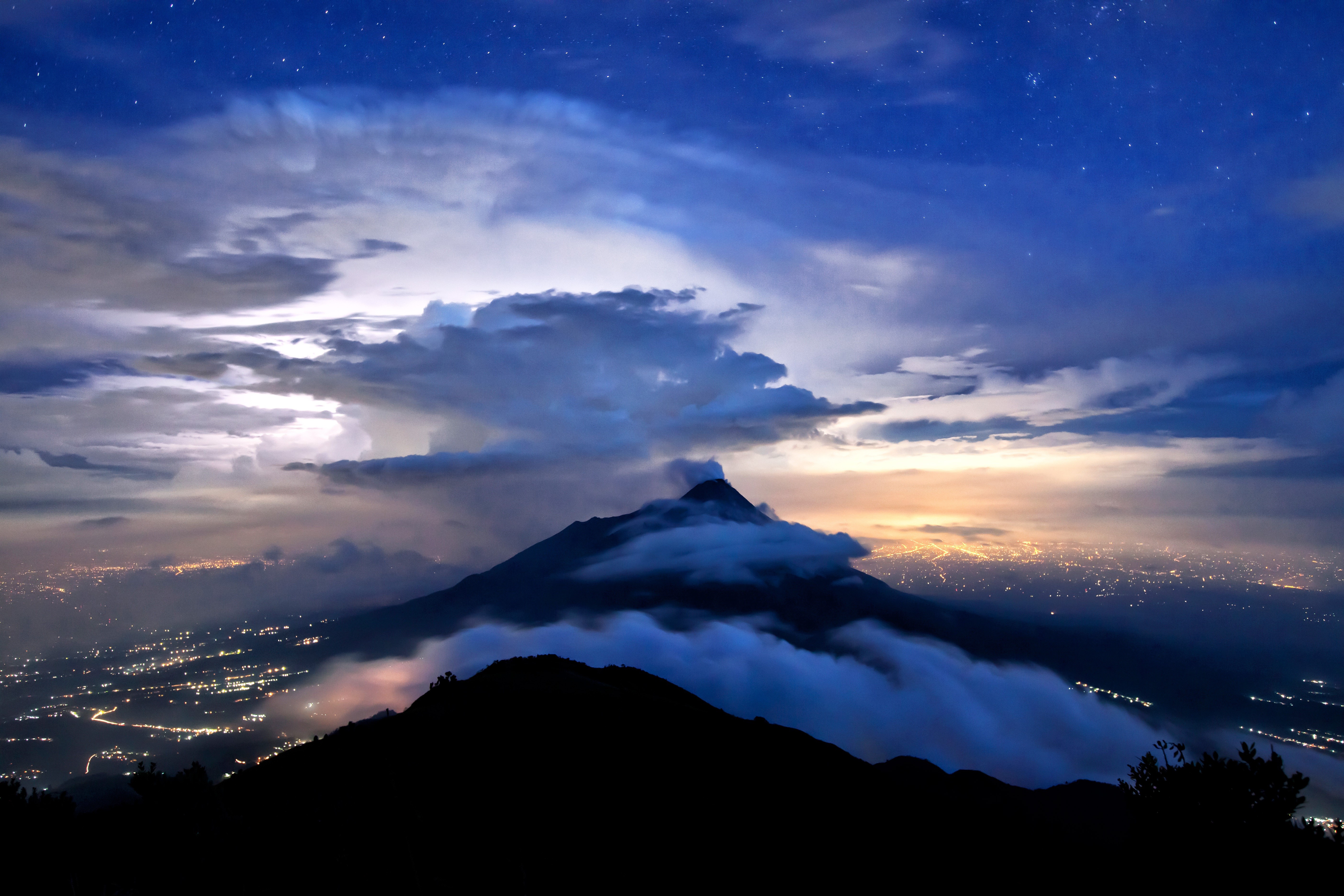outdoors, thundercloud, cloud - sky, landscape, idyllic, sky, merapi, white, mountain range, starry sky, no people, black, sunset, silhouette, mountain, HD Wallpaper