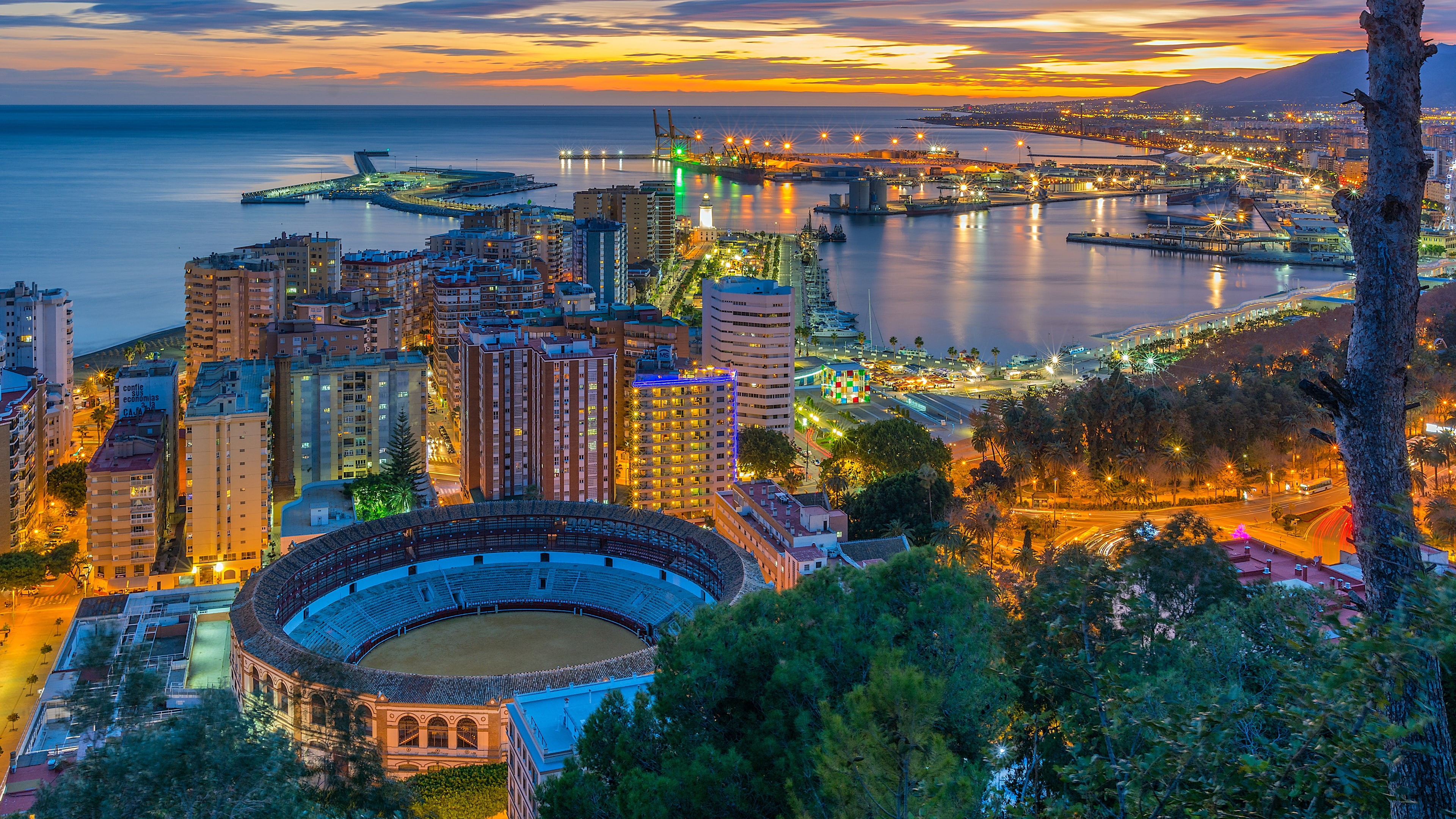 skyline, evening, europe, malaga, spain, city lights, cityscape, plaza de toros, eu, ronda, 4K, HD Wallpaper