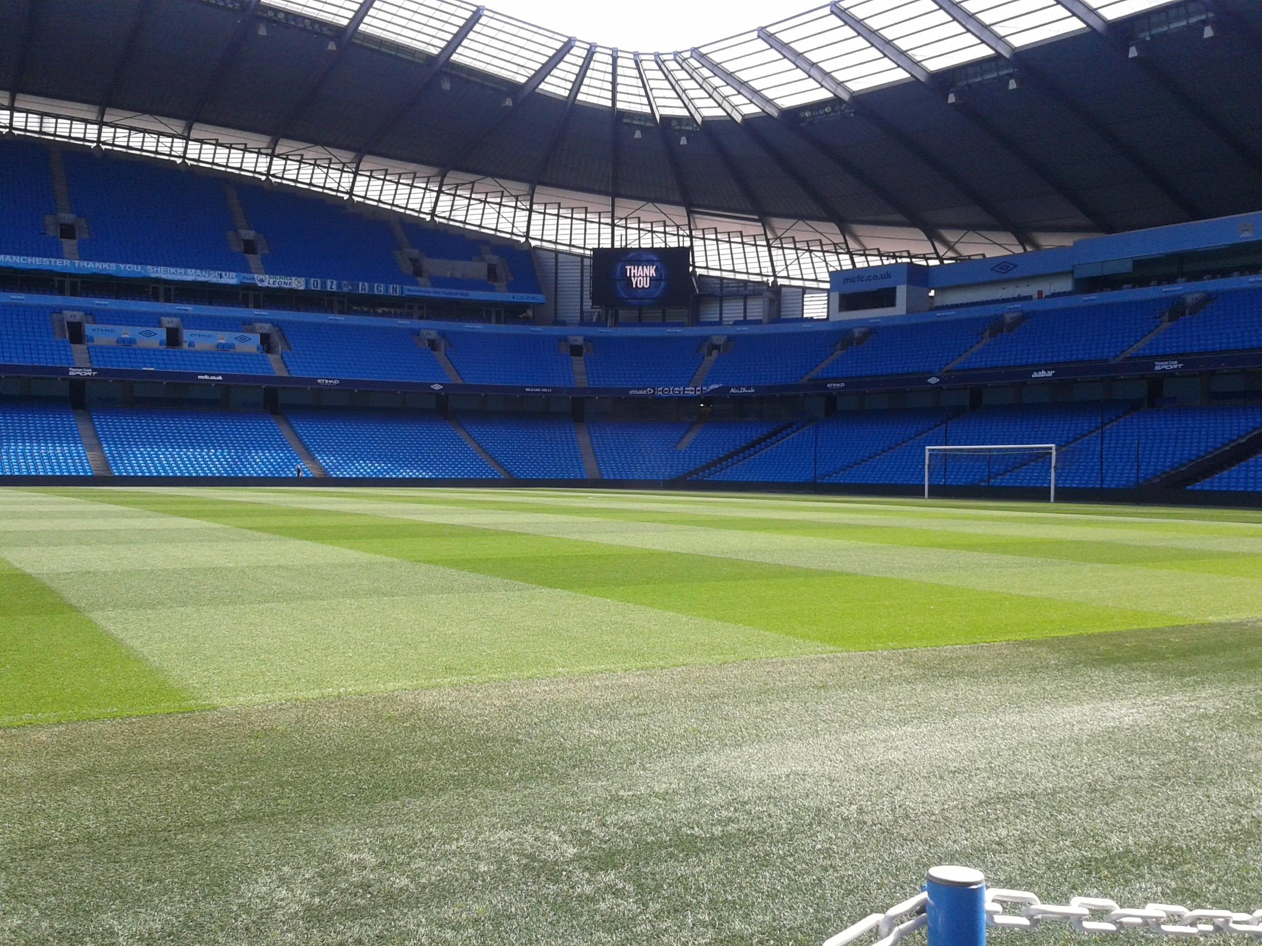manchester city, sport, competition, absence, built structure, football stadium, soccer, playing field, goal, football, outdoors, empty, bleachers, green, HD Wallpaper