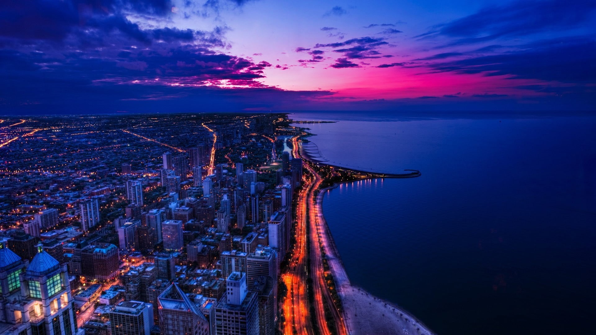 sky, built structure, time, photo, outdoors, dusk, city, skyscraper, building exterior, night, architecture, sea, bay, 1080P, water, cloud - sky, sunset, HD Wallpaper