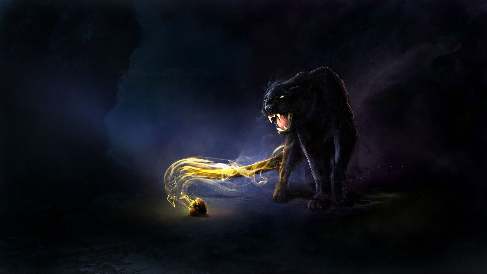 yellow, fantasy art, horror, hairstyle, black background, light, panther, indoors, animals, pumas, females, nature, smoke - physical structure, Black Panther, HD Wallpaper
