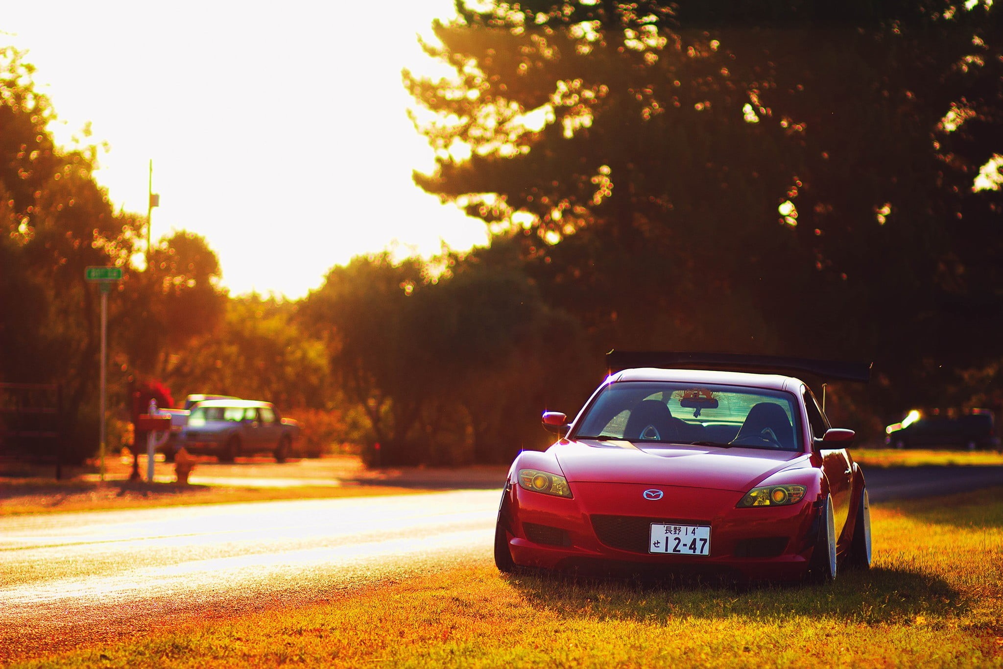 evening, street, mode of transportation, no people, transportation, drift, road, city, plant, nature, 1080P, on the move, tree, red cars, sports car, land vehicle, HD Wallpaper