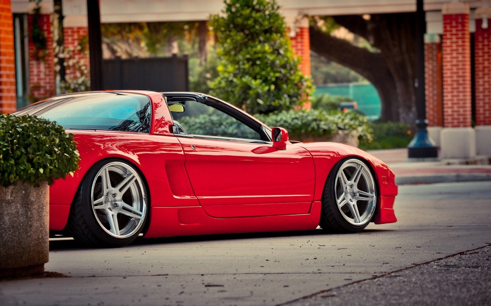 JDM, plant, land vehicle, red, day, 1080P, city, vintage car, garage, motor vehicle, built structure, coupe, mode of transportation, architecture, Honda NSX, HD Wallpaper