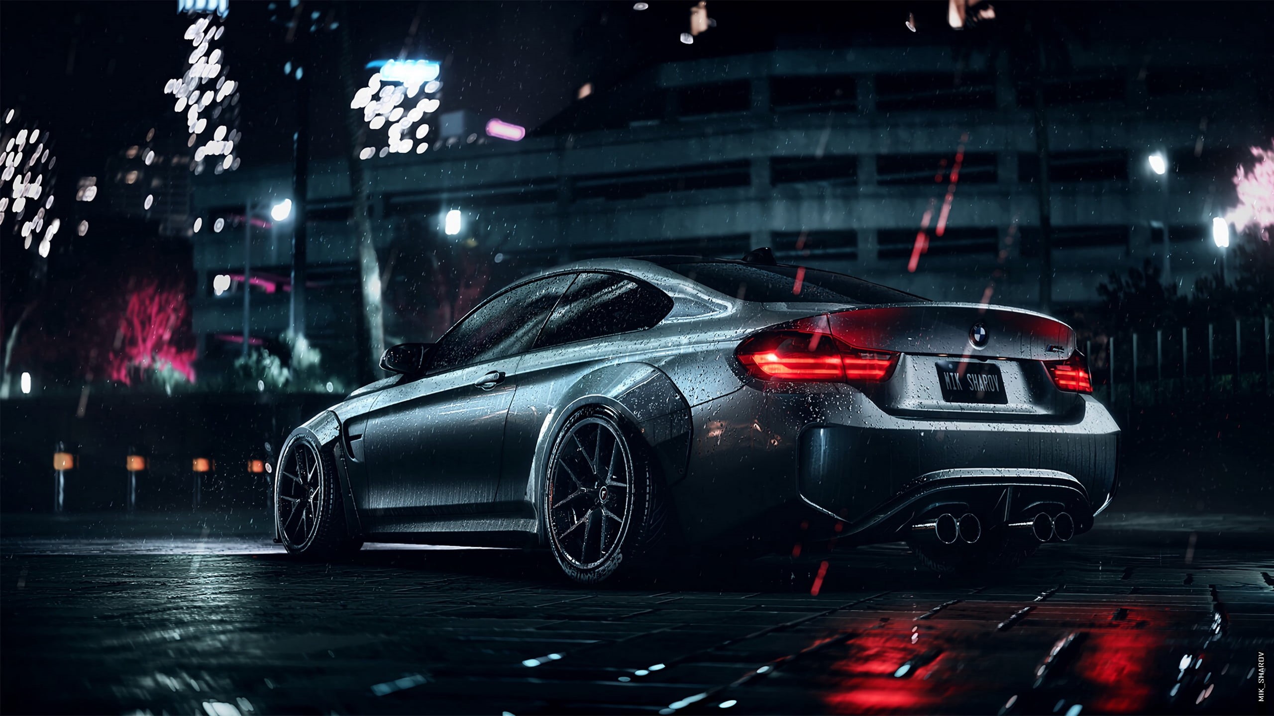 car, silver cars, BMW, vehicle, lights, Video Game Art, reflection, city lights, city, games art, wet, environment, Need for Speed, gray cars, sports, architecture, HD Wallpaper