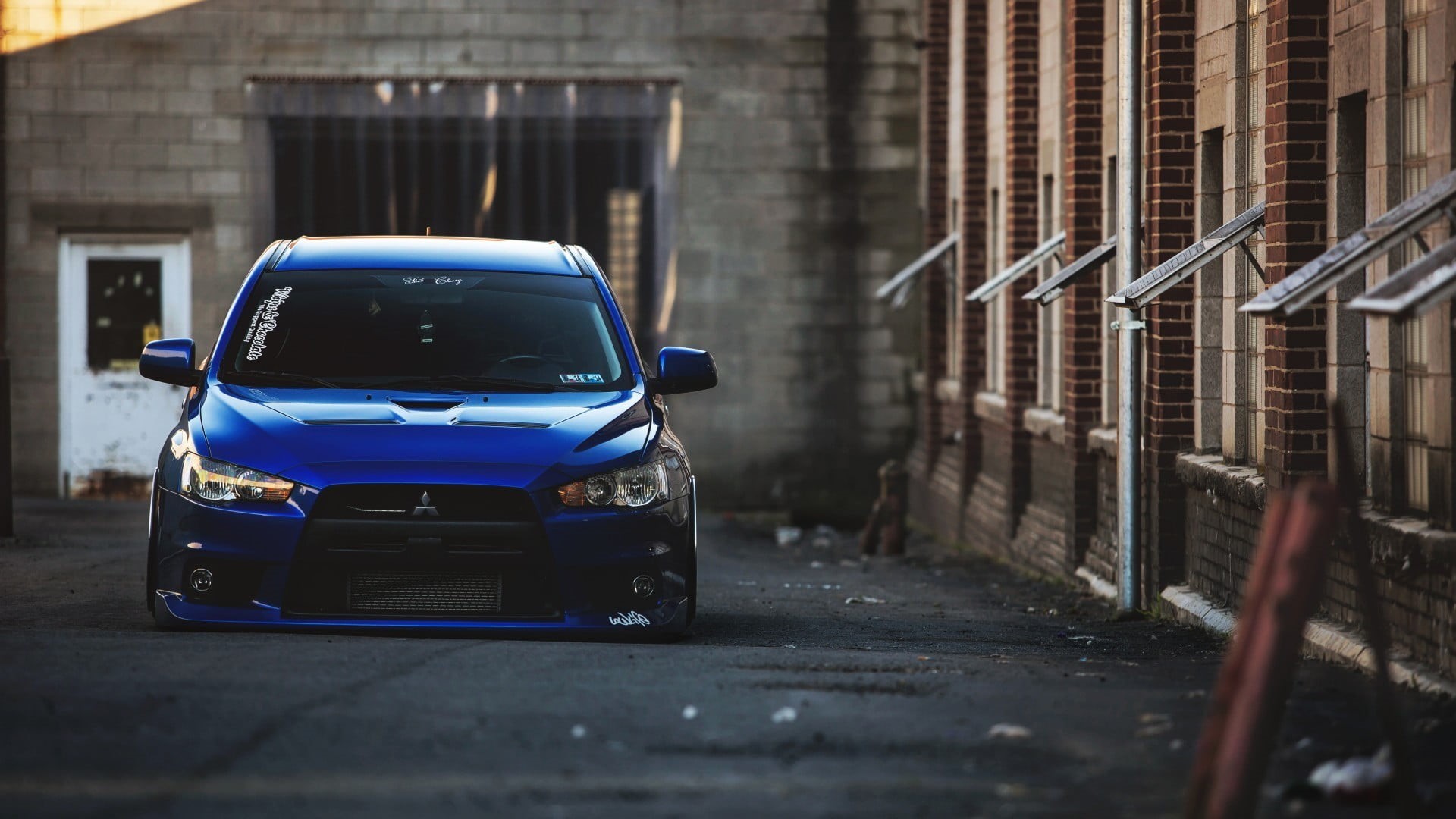 blue, built structure, land vehicle, 1080P, motor vehicle, selective focus, architecture, JDM, parking, garage, Stance, wheel, Mitsubishi Lancer Evo X, HD Wallpaper