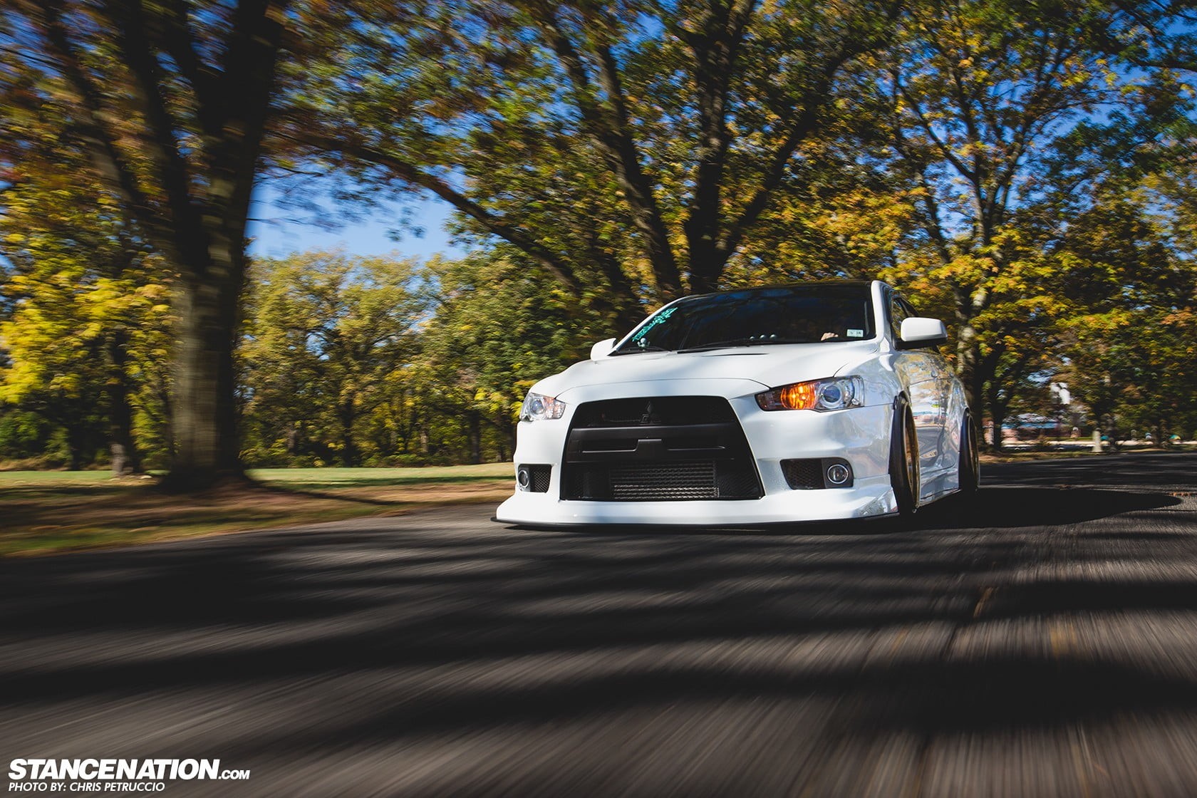 sunlight, plant, Mitsubishi Lancer, day, outdoors, 720P, Mitsubishi Lancer Evo X, trees, motion, Work Emotion XD-9, no people, road, shadow, lancer, white, HD Wallpaper