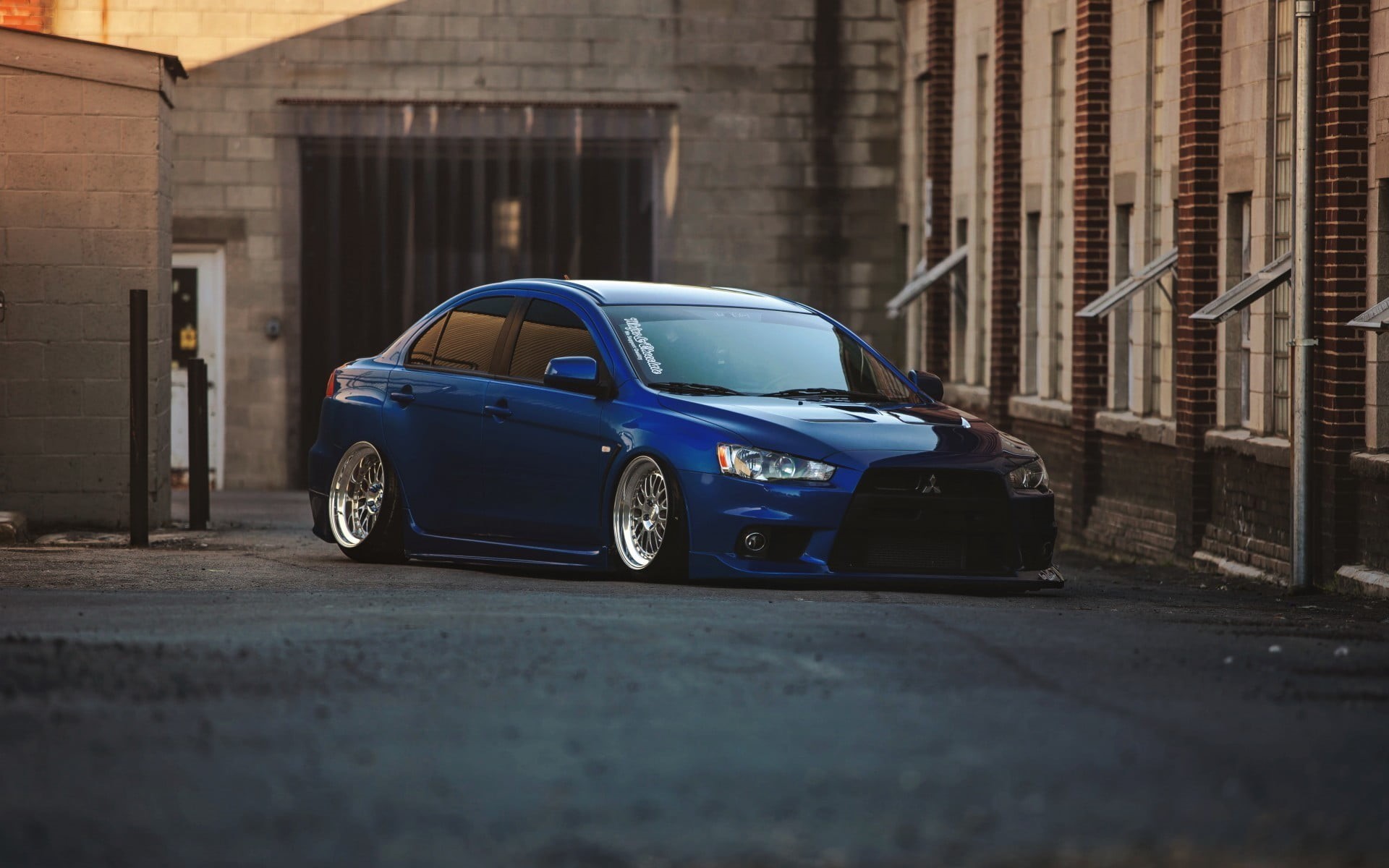day, luxury, stationary, Stance, Mitsubishi, architecture, street, 1080P, garage, outdoors, JDM, motor vehicle, blue, land vehicle, transportation, no people, HD Wallpaper