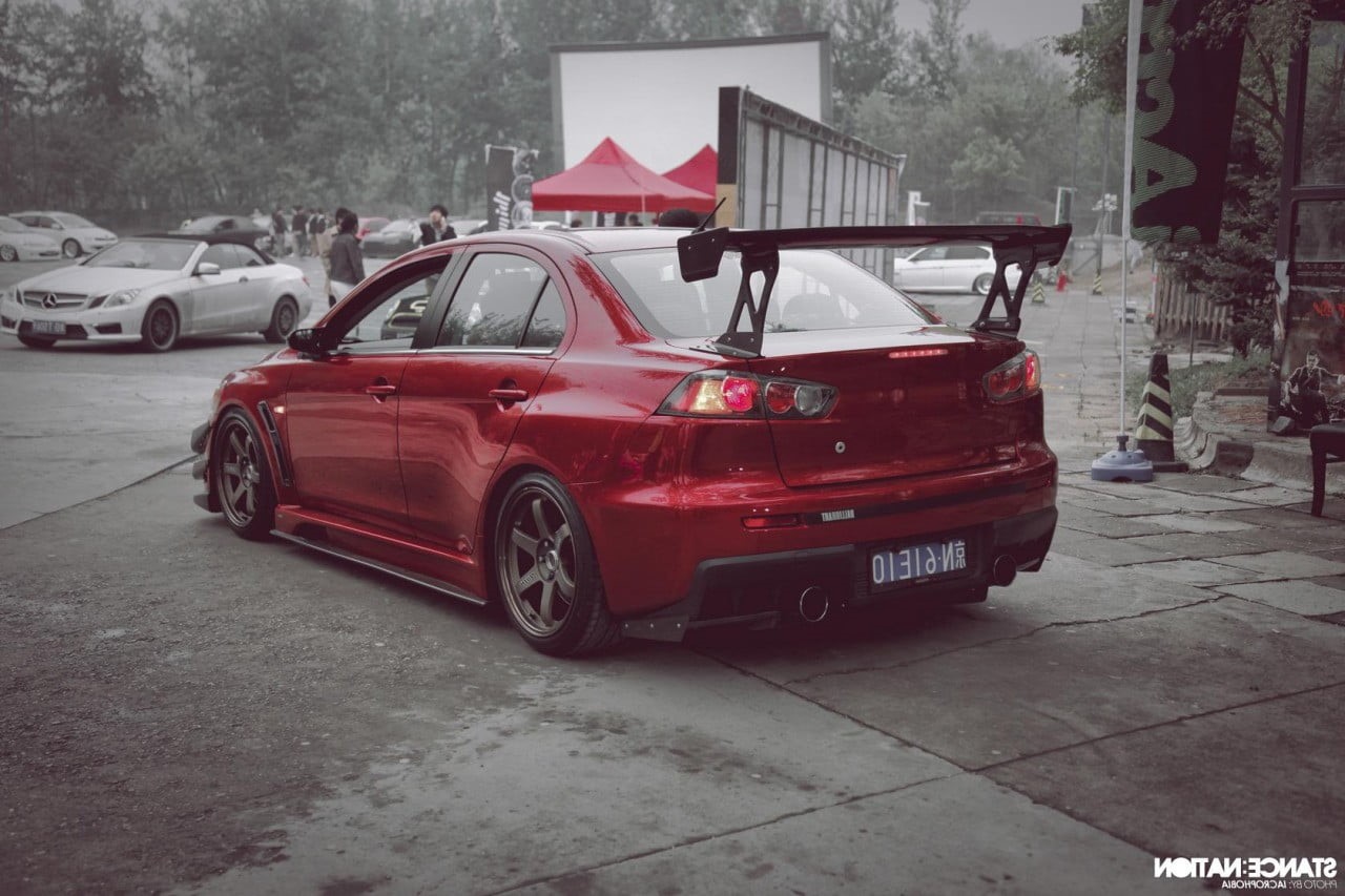 transportation, lowered, car, JDM, stationary, tree, tuning, road, Stance, Mitsubishi Lancer Evo X, city, outdoors, street, land vehicle, red, built structure, HD Wallpaper