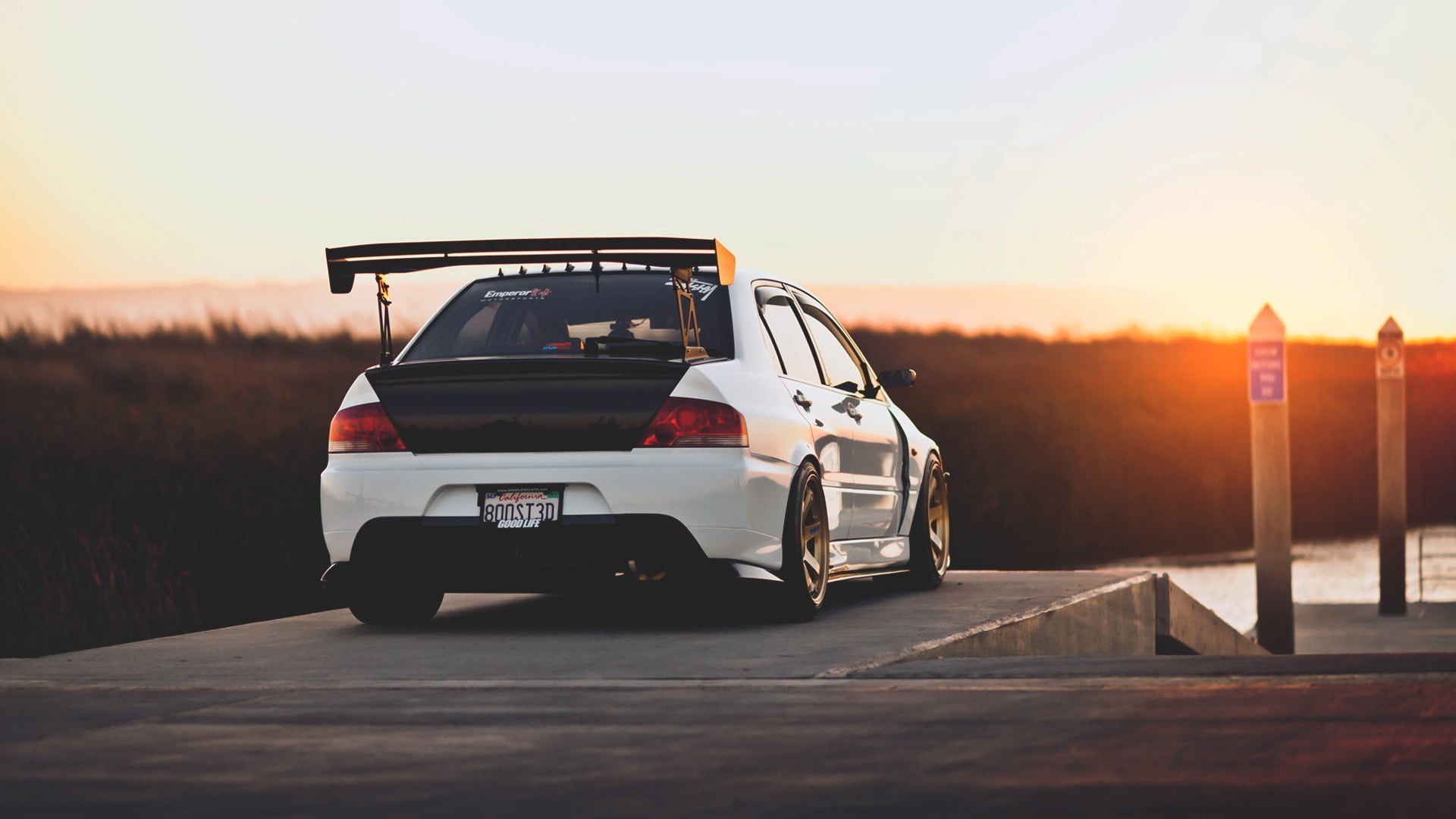 lancer, sunset, on the move, clear sky, sky, travel, no people, motor vehicle, selective focus, Mitsubishi Lancer EVO, white, rally cars, Mitsubishi, orange color, HD Wallpaper