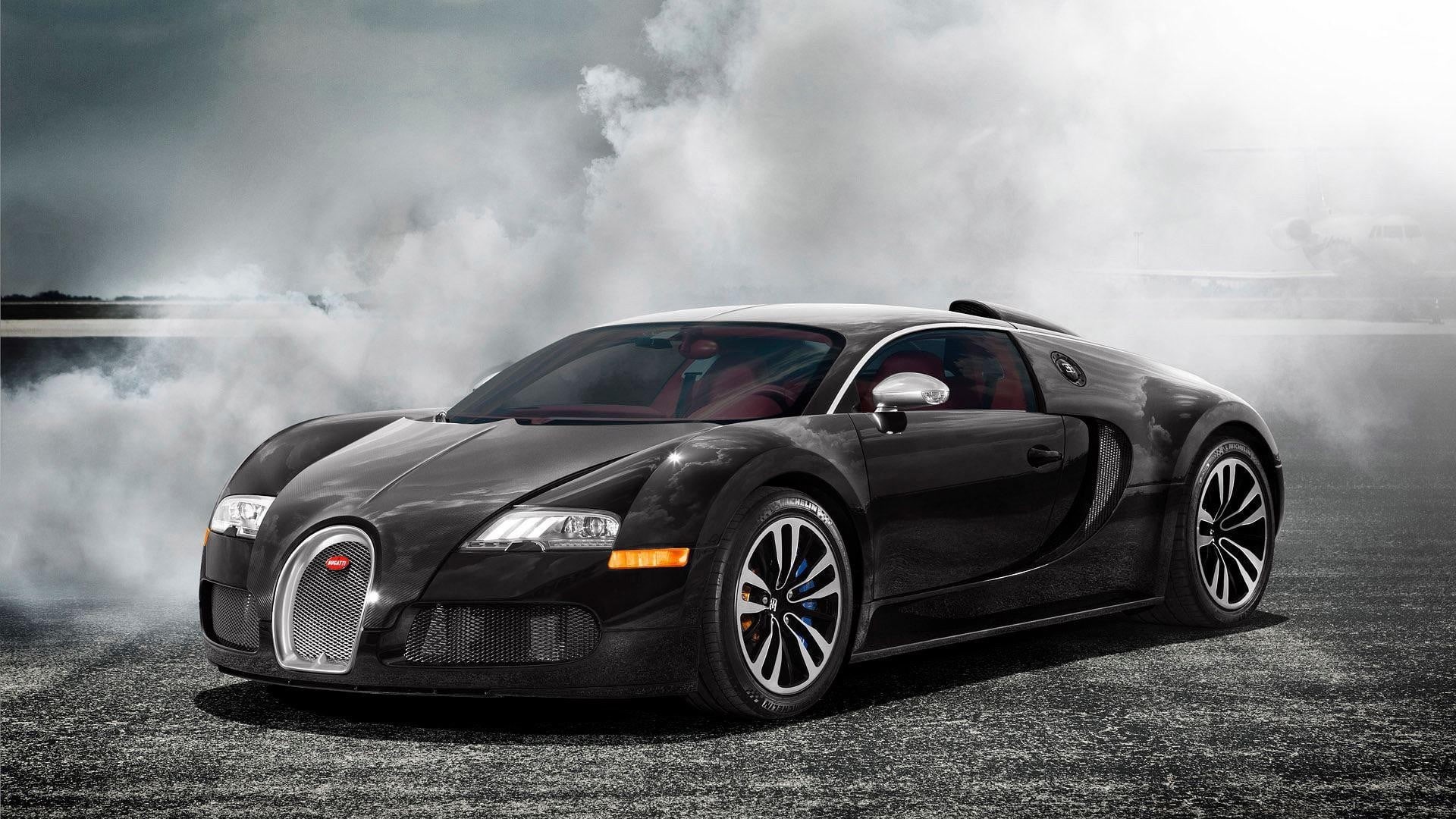 car, black, speed, sky, motor vehicle, mode of transportation, driving, coupe, veyron, luxury, wealth, motion, sports car, outdoors, 1080P, wheel, smoke - physical structure, HD Wallpaper