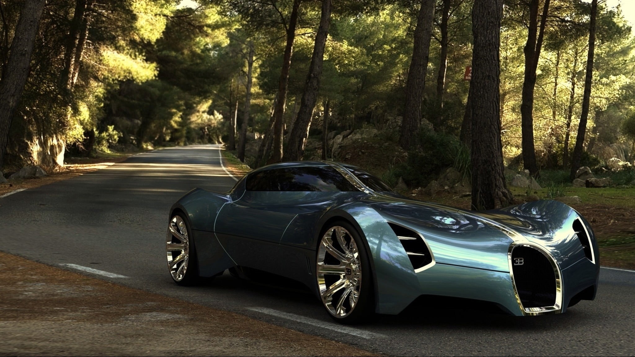 forest, gray, concept cars, nature, trunk, outdoors, land vehicle, sports, land, tree, growth, vehicle, woodland, plant, futuristic, tree trunk, road, 1080P, HD Wallpaper