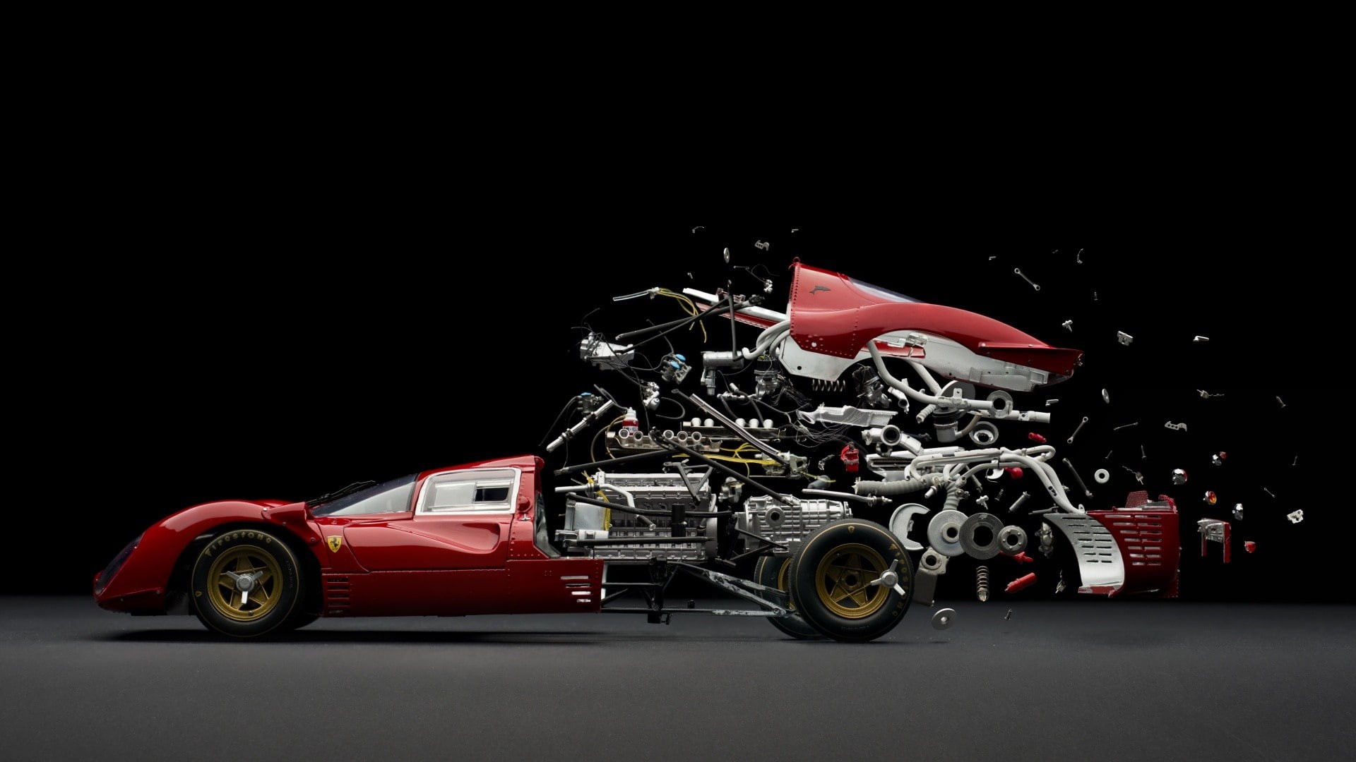 parts, Ferrari, sports car, abstract, car, Exploded view Diagram, 1080P, Mechanics, Composite, HD Wallpaper