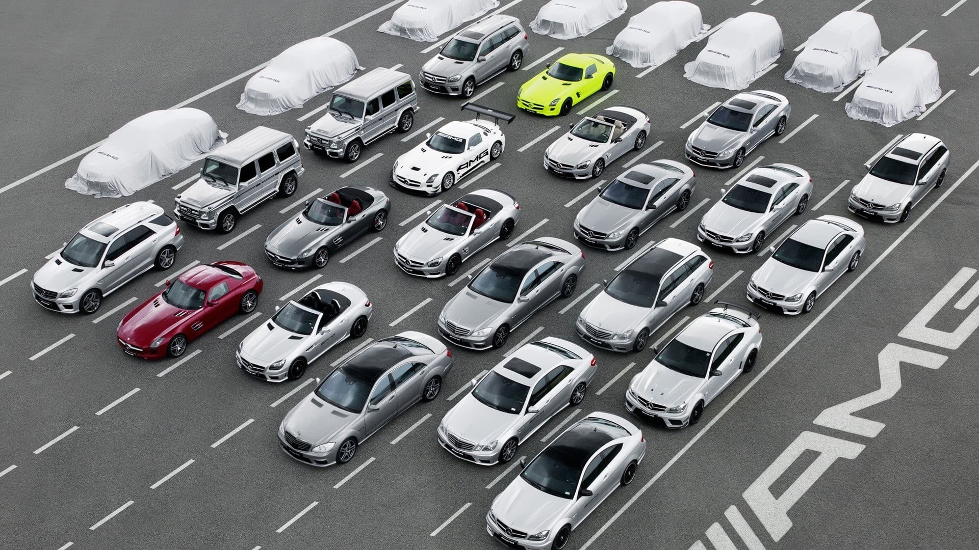 arrangement, street, car, motor vehicle, red, Mercedes-Benz, travel, no people, outdoors, high angle view, Mercedes SLS, in a row, white, transportation, HD Wallpaper