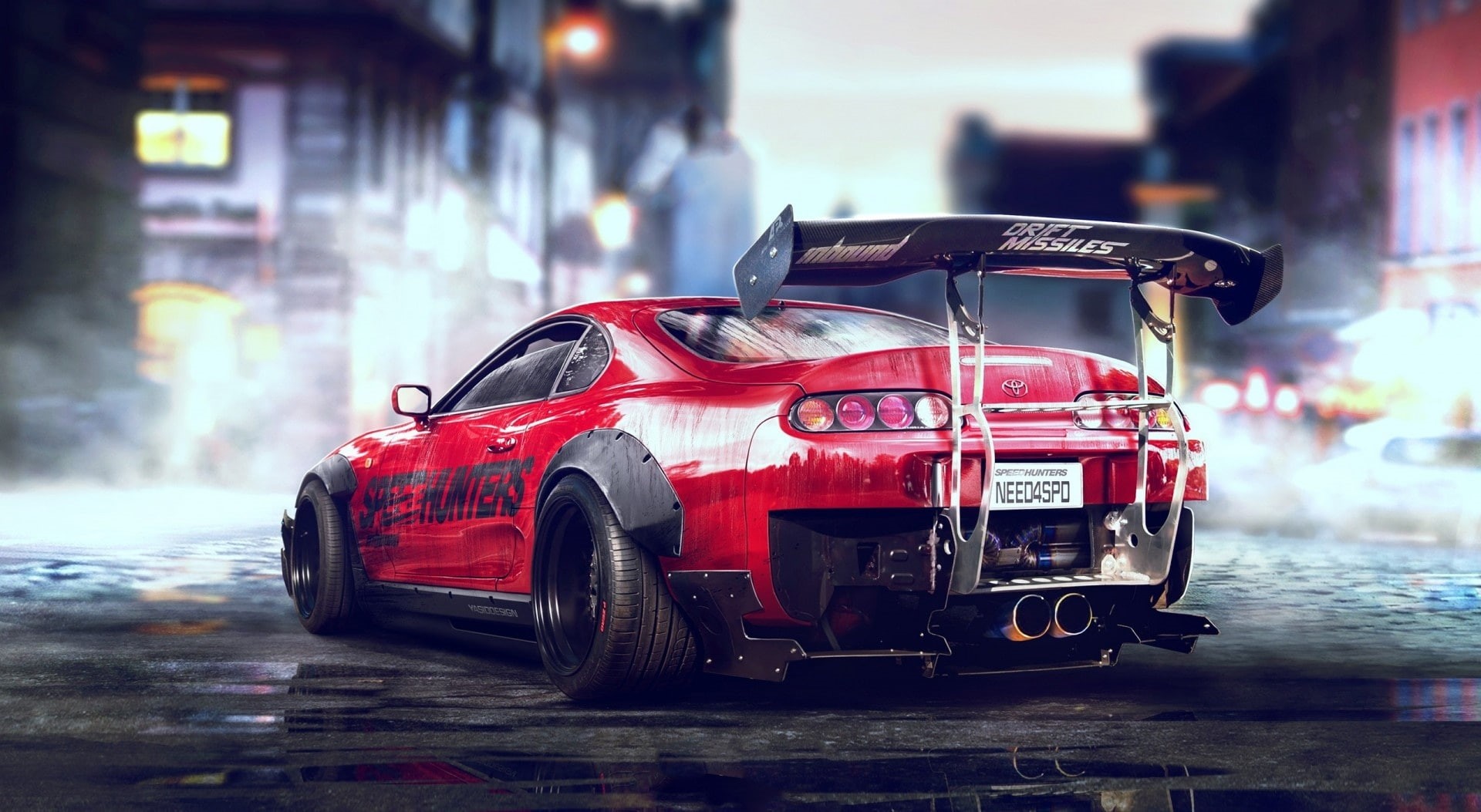 transportation, building exterior, wet, 1080P, city life, city, taxi, Need For Speed, red, car, Toyota, Supra, architecture, on the move, sports, focus on foreground, HD Wallpaper