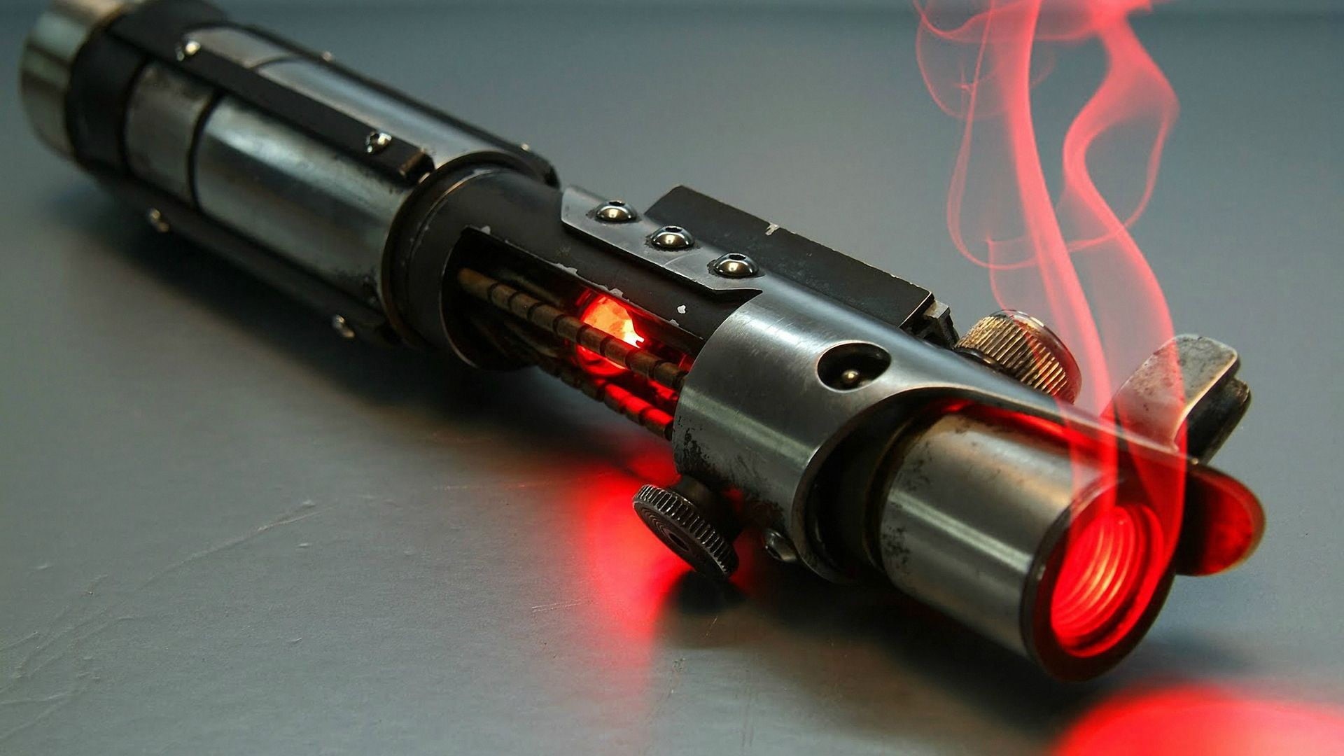 indoors, social issues, gray, crime, weapon, communication, close-up, no people, handgun, lightsaber, aggression, laser, red, warning sign, studio shot, HD Wallpaper