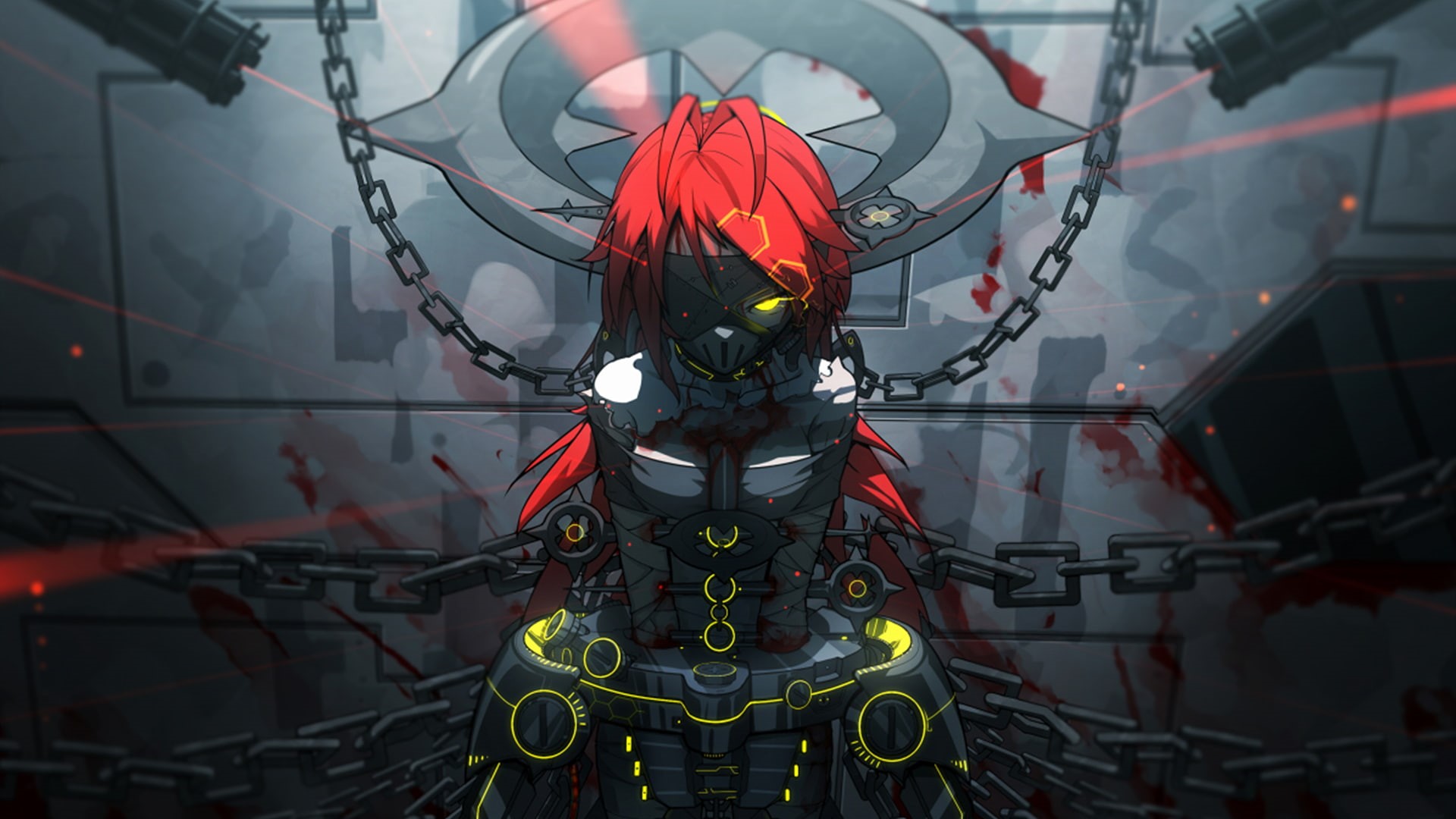unrecognizable person, outdoors, anime, front view, clothing, repairing, chains, monster girl, low angle view, laser, working, skill, one person, technology, HD Wallpaper