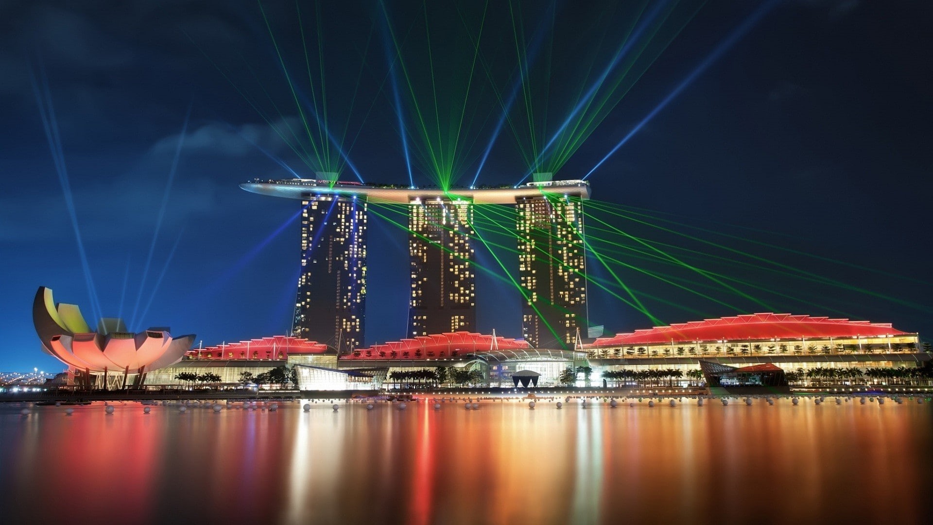 luxury, reflection, water, cityscape, illuminated, nature, arts culture and entertainment, nightlife, night, no people, Singapore, light, lighting equipment, HD Wallpaper