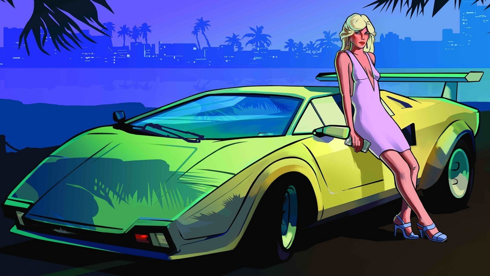 car, multi colored, transportation, adult, heels, nature, luxury, mode of transportation, lifestyles, day, creativity, blue, yellow, Grand Theft Auto Vice City, HD Wallpaper