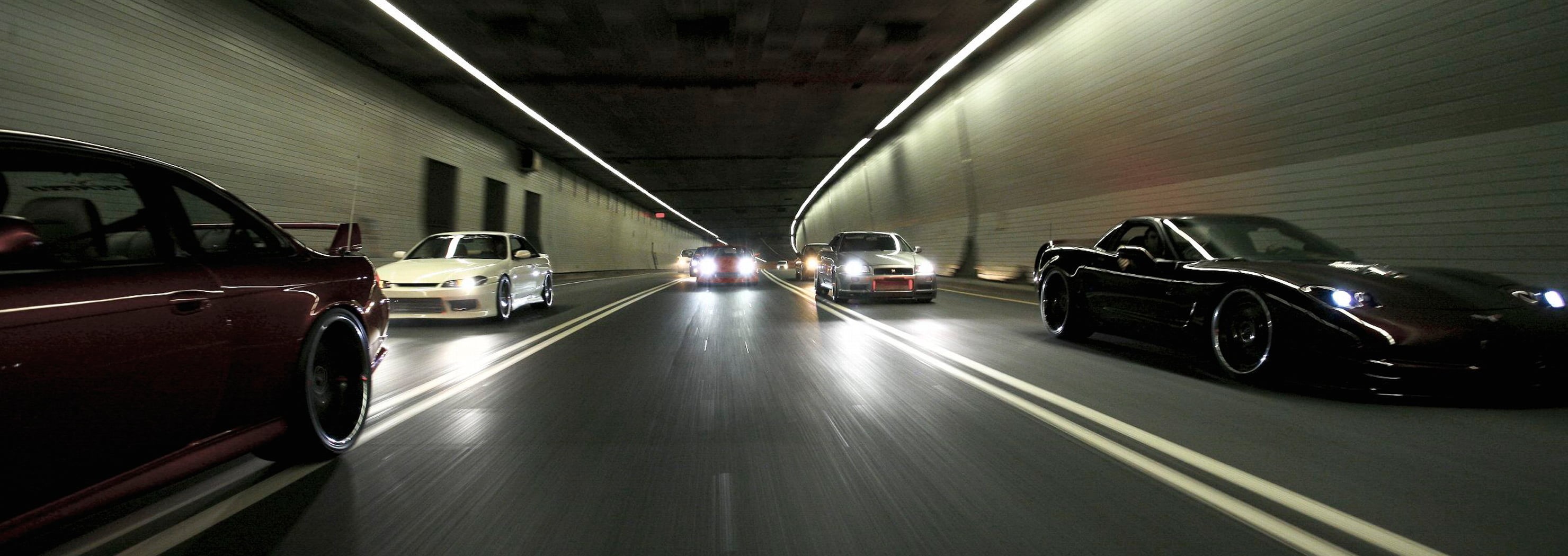 Chevrolet Corvette, car, tunnel, JDM, Nissan Skyline GT-R R34, Nissan Silvia S14, 2K, HD Wallpaper