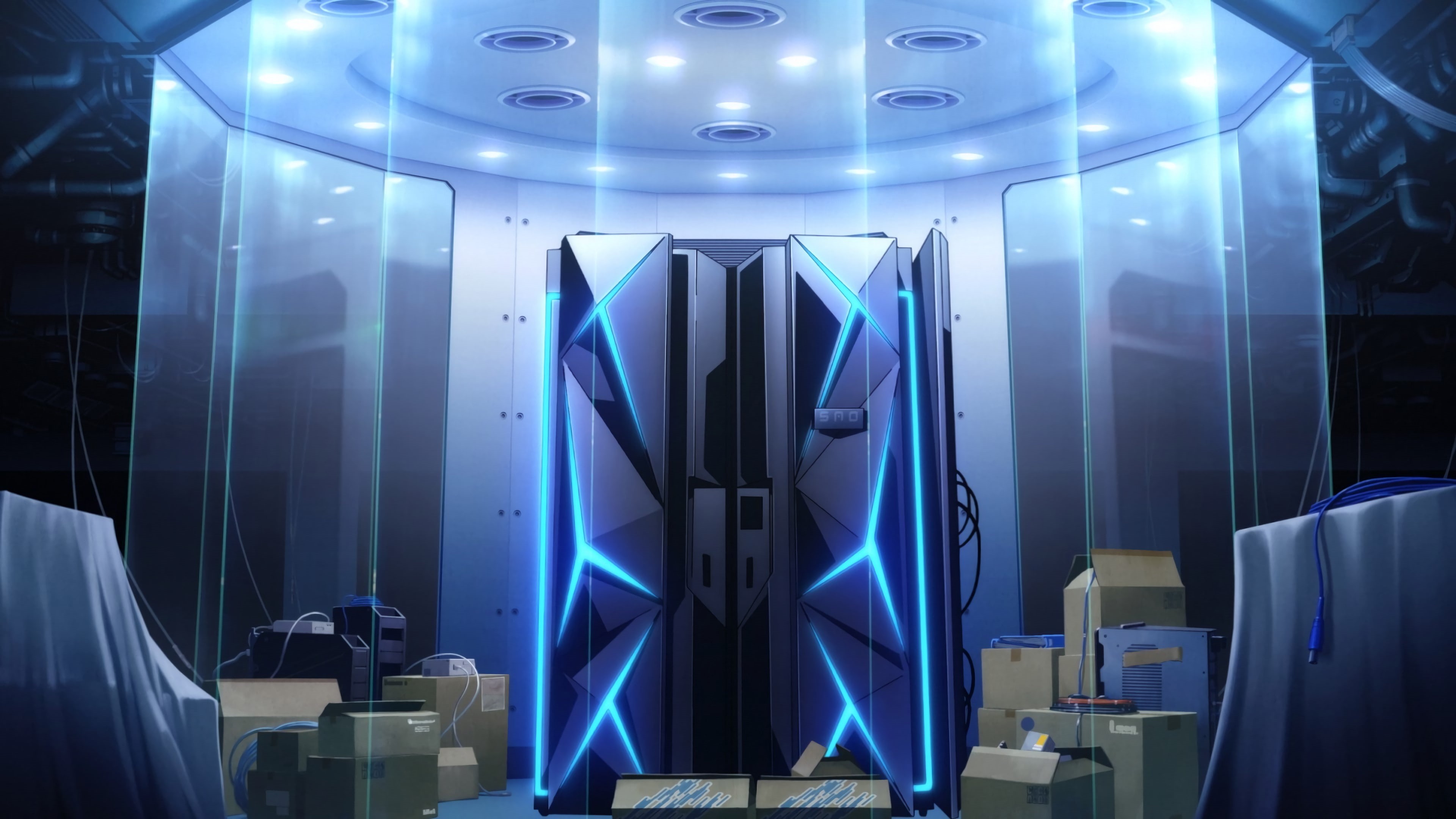 electric light, no people, blue, electrical equipment, communication, ibm mainframe sword art online server glass futuristic vents boxes wires waifu2x, HD Wallpaper