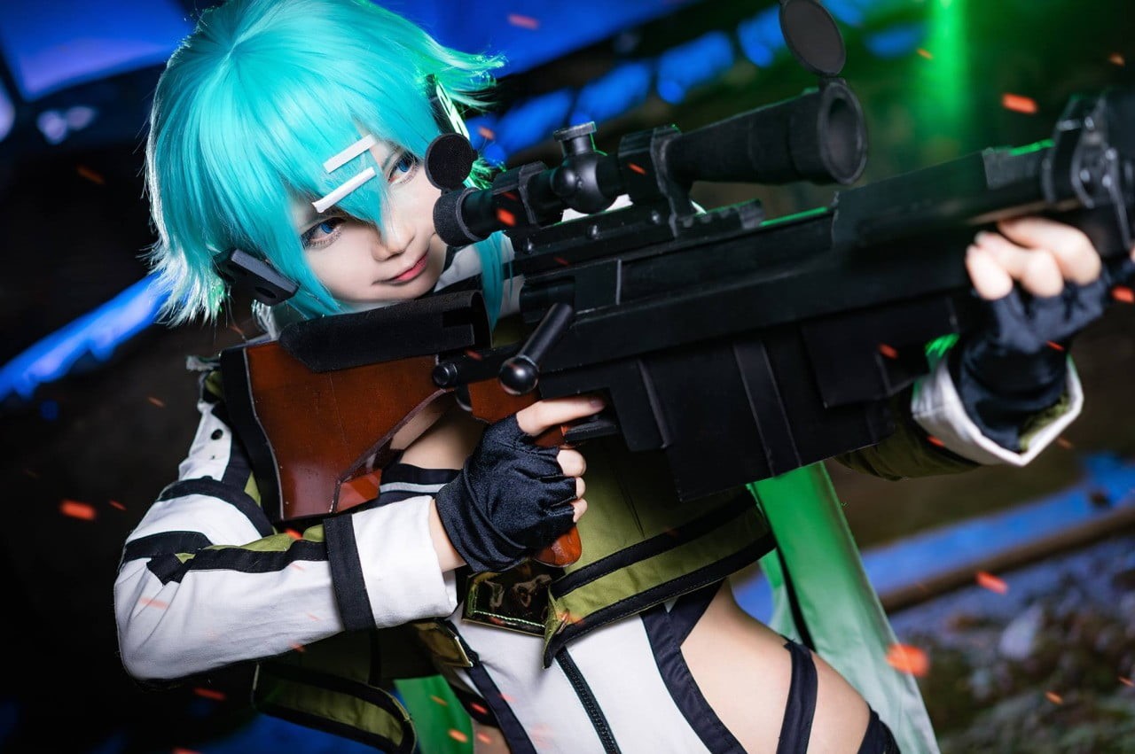 sport, 720P, people, hair pins, Asian, real people, Asada Shino, sinon, concentration, leisure activity, shooting a weapon, protective eyewear, Sword Art Online, HD Wallpaper