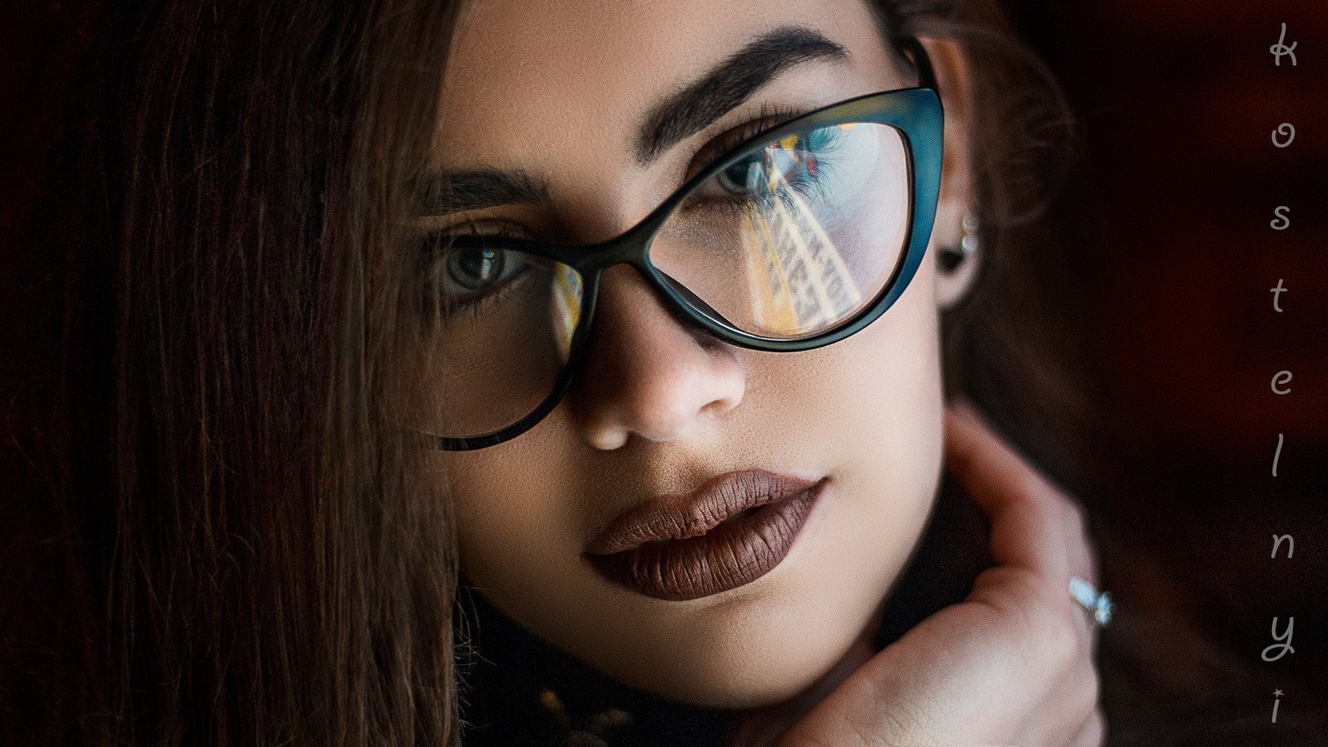 beauty, face, dark, looking, one person, portrait, close-up, adult, human body part, 1080P, hand, eyewear, eyeglasses, human face, beautiful woman, indoors, HD Wallpaper