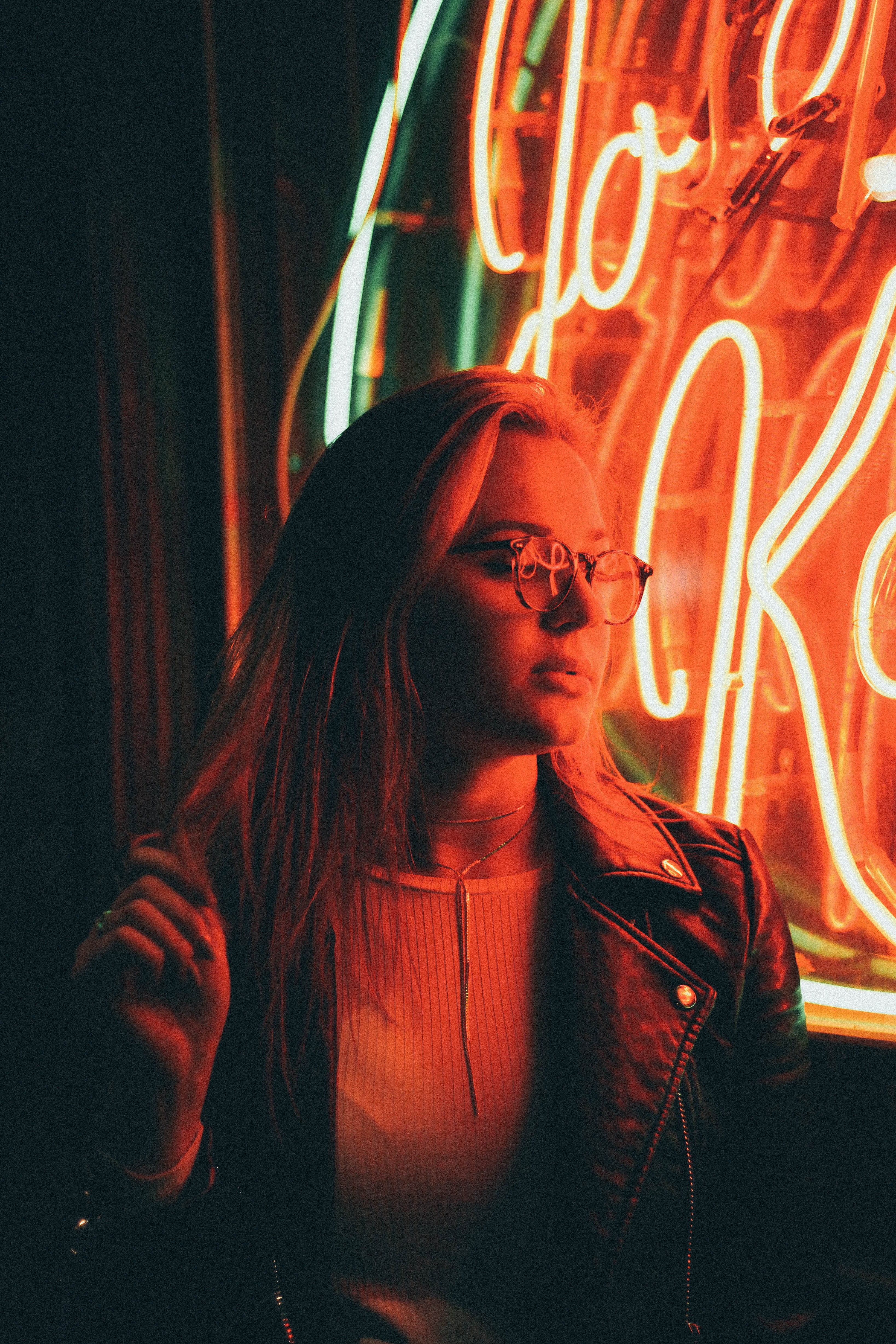 waist up, lights, beautiful woman, woman, neon, wear, neon lights, leisure activity, fashion, glasses, front view, looking, one person, looking away, jacket, Phone HD Wallpaper