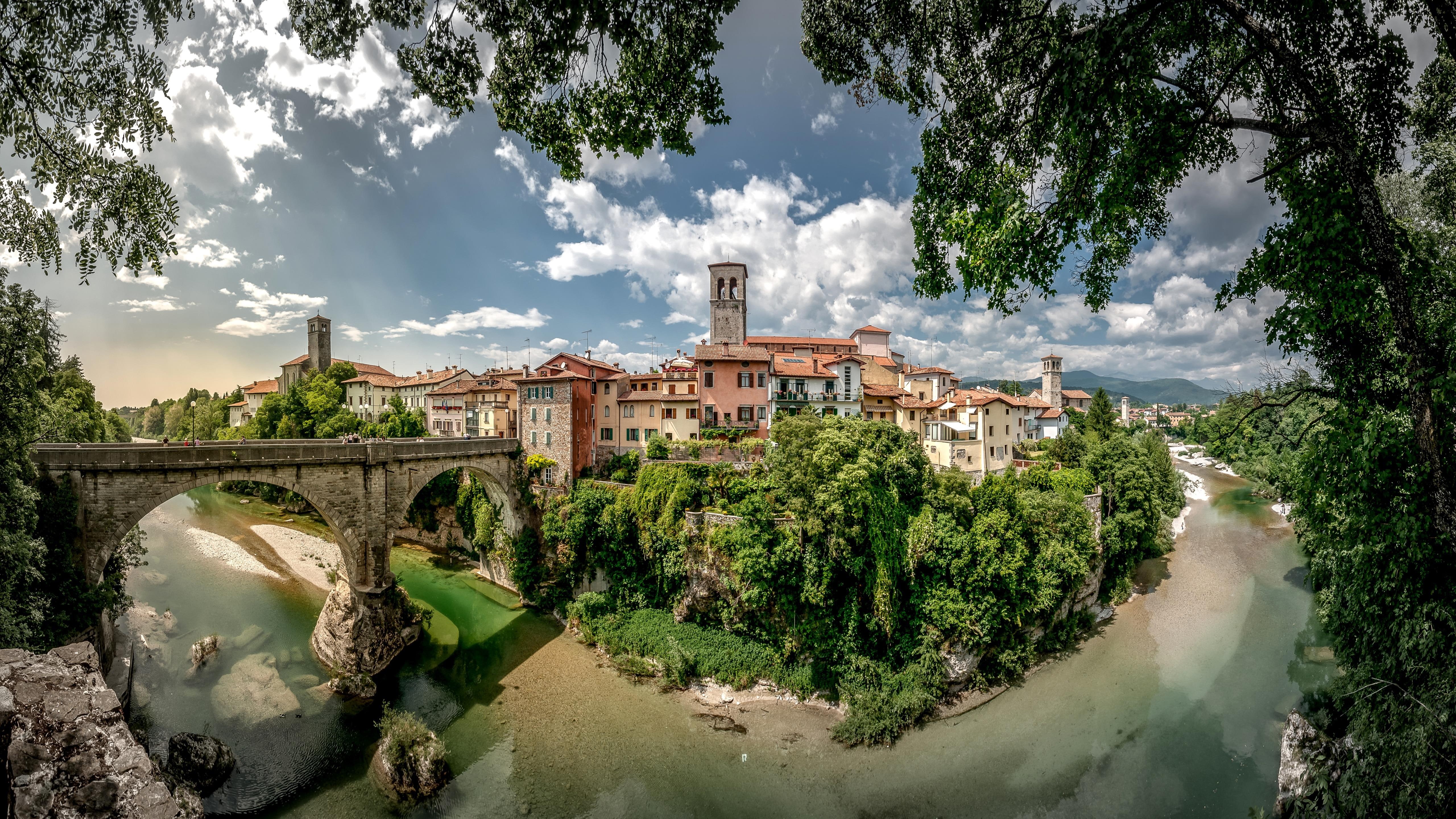 cividale del friuli, tourist attraction, 5k uhd, italy, landscape, 5K, europe, town, river, stone bridge, bridge, tree, friuli, cityscape, 5k, HD Wallpaper