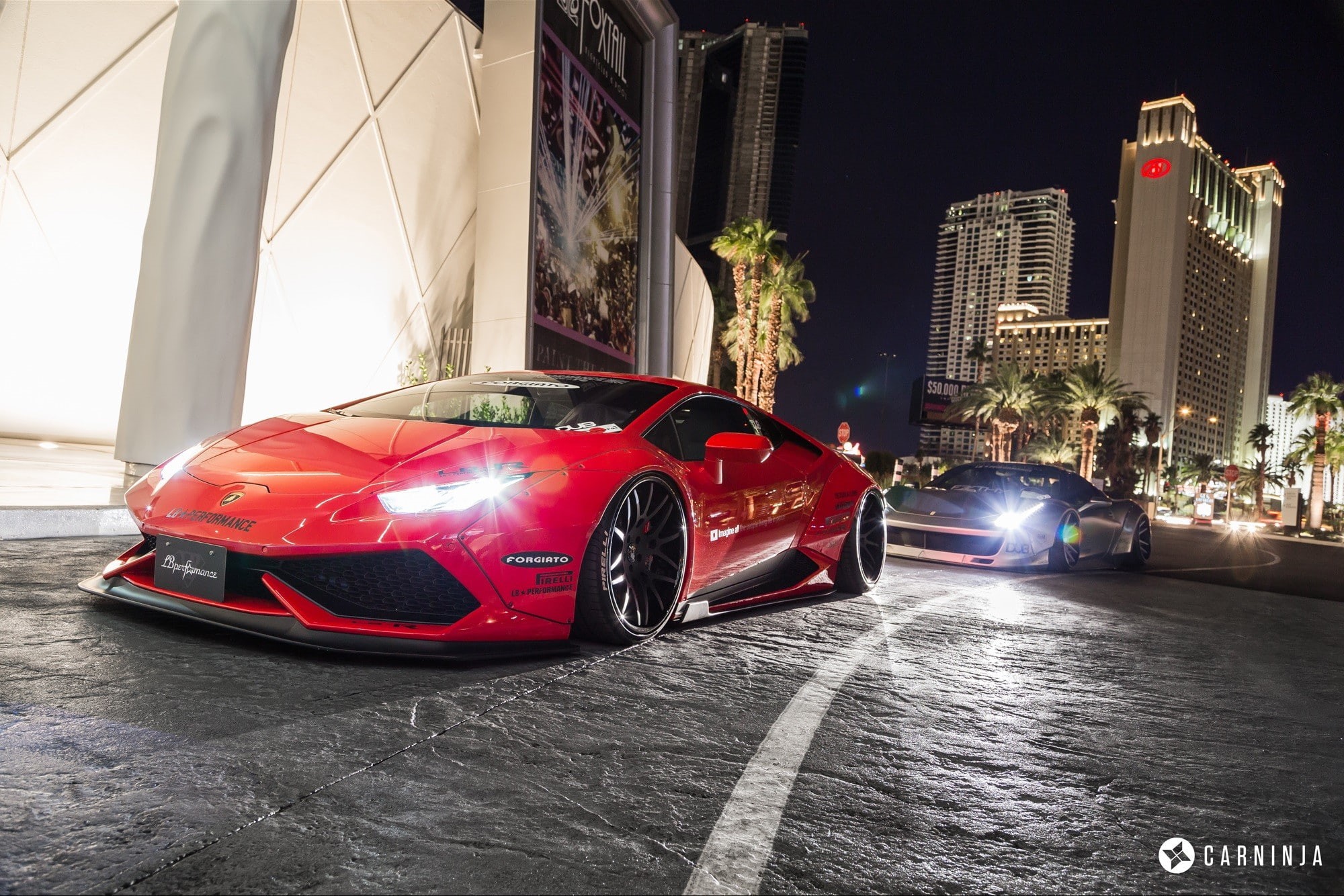 building, night, red, motor vehicle, 1080P, office building exterior, car, mode of transportation, sports car, architecture, transportation, outdoors, HD Wallpaper